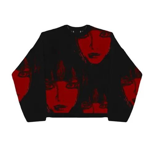image of Vintage Knitted Sweater Harajuku Ukiyo-E Style in Black, Men's (Size Large)