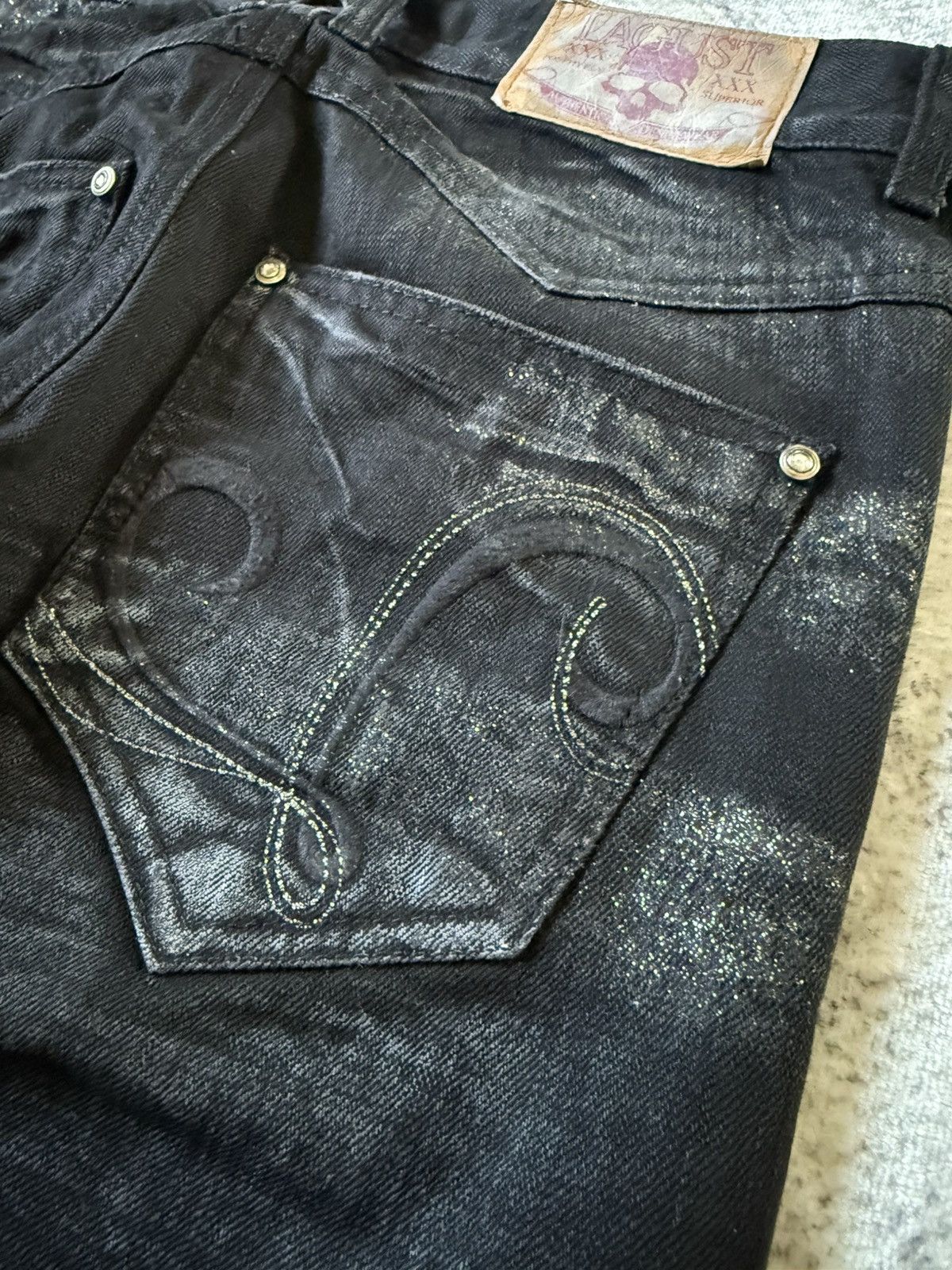 If Six Was Nine Lagust Japan Black Goth Cross Glitter Wax Coated Jeans Size US 28 / EU 44 - 18 Thumbnail
