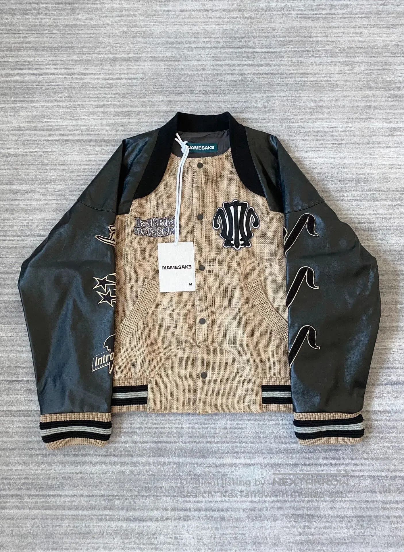 NAMESAKE beige baseball jacket with leather sleeves. Size US M / EU 48-50 / 2 - 1 Thumbnail