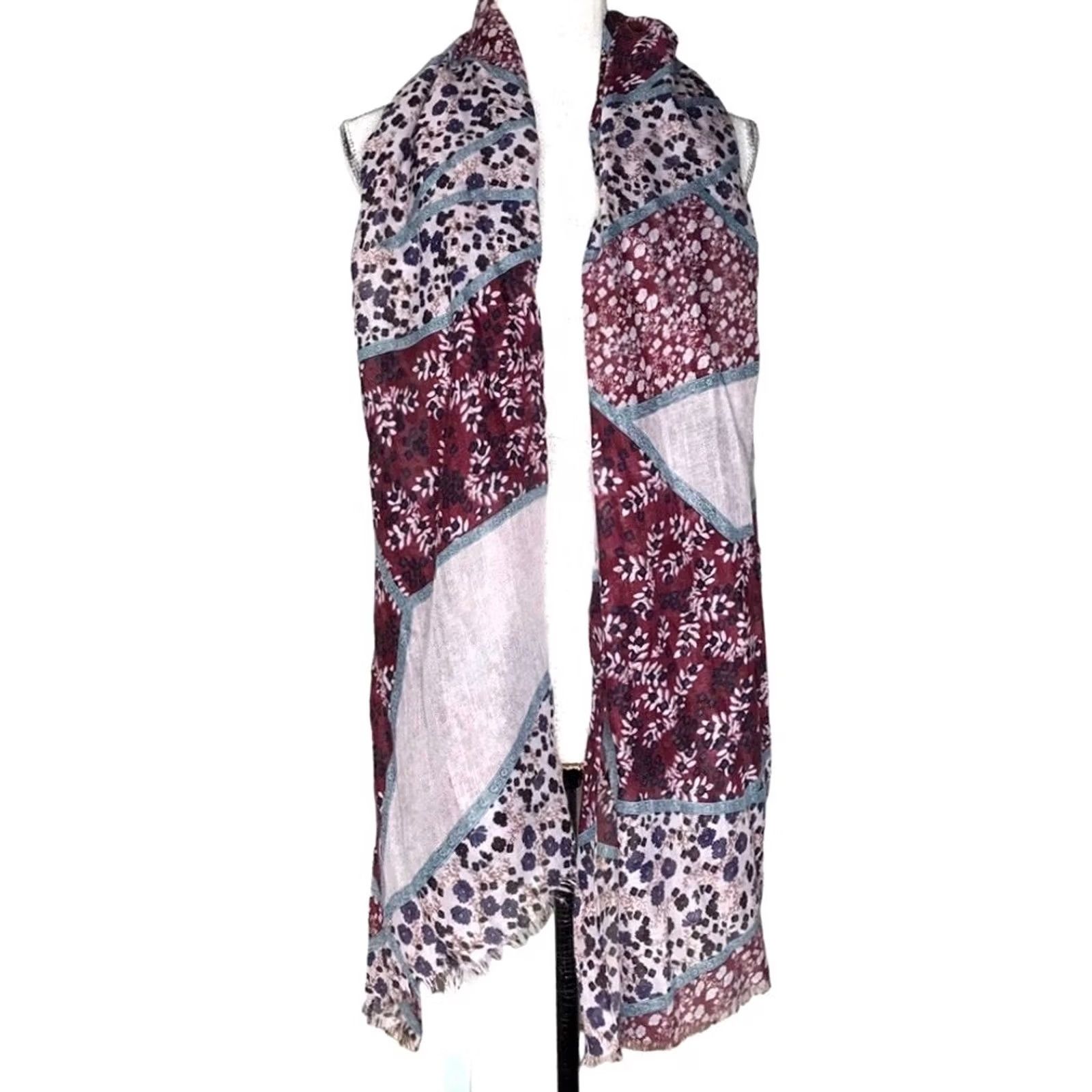 Vintage Lulla Collection by Bindya Scarf Wrap Multi Wear Women's Burgundy Floral Boho Rectangle Scarf Silk Polyester Fringe 70x32 Adult Womens Size ONE SIZE - 2 Thumbnail