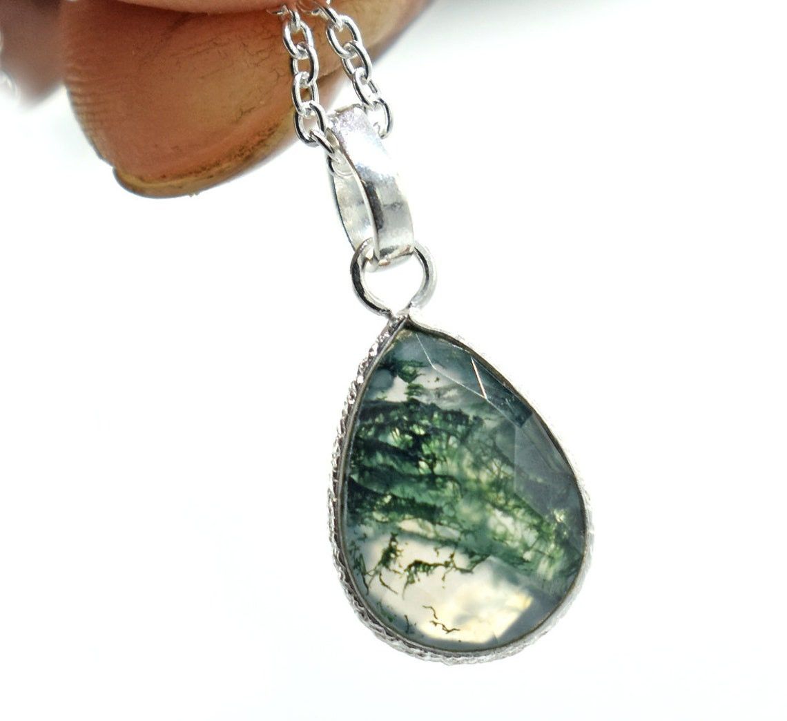 Handmade Teardrop Moss Agate Necklace 925 Sterling Silver, 18 Inch Size ONE SIZE - 3 Thumbnail
