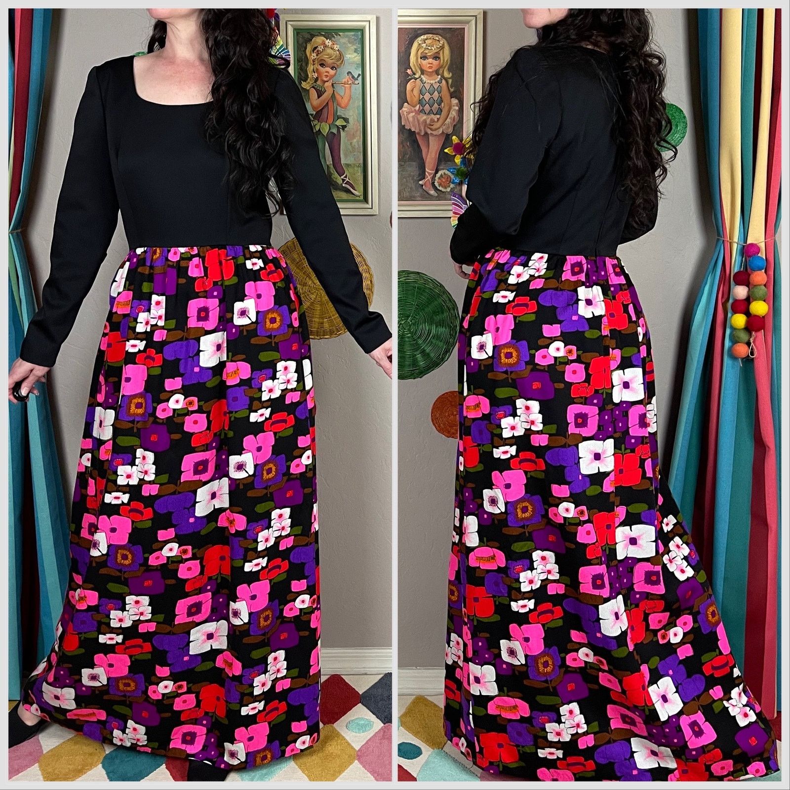 Vintage Vintage 1960s Long Sleeve Pink and Purple Floral Maxi Dress Size M / US 6-8 / IT 42-44 - 3 Thumbnail