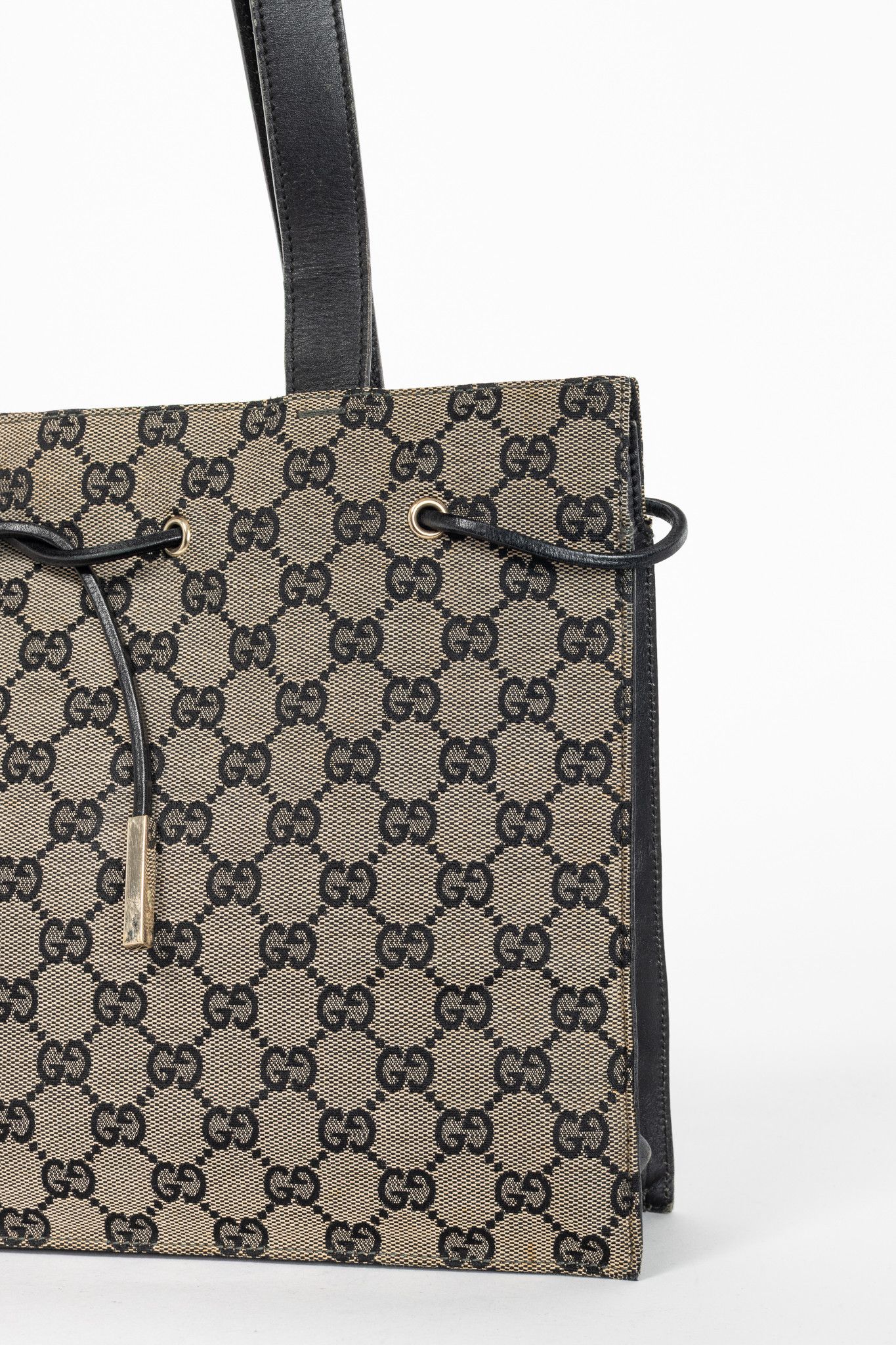 Gucci Gucci Khaki GG Canvas Black-Leather Drawstring Tote Size ONE SIZE - 7 Thumbnail
