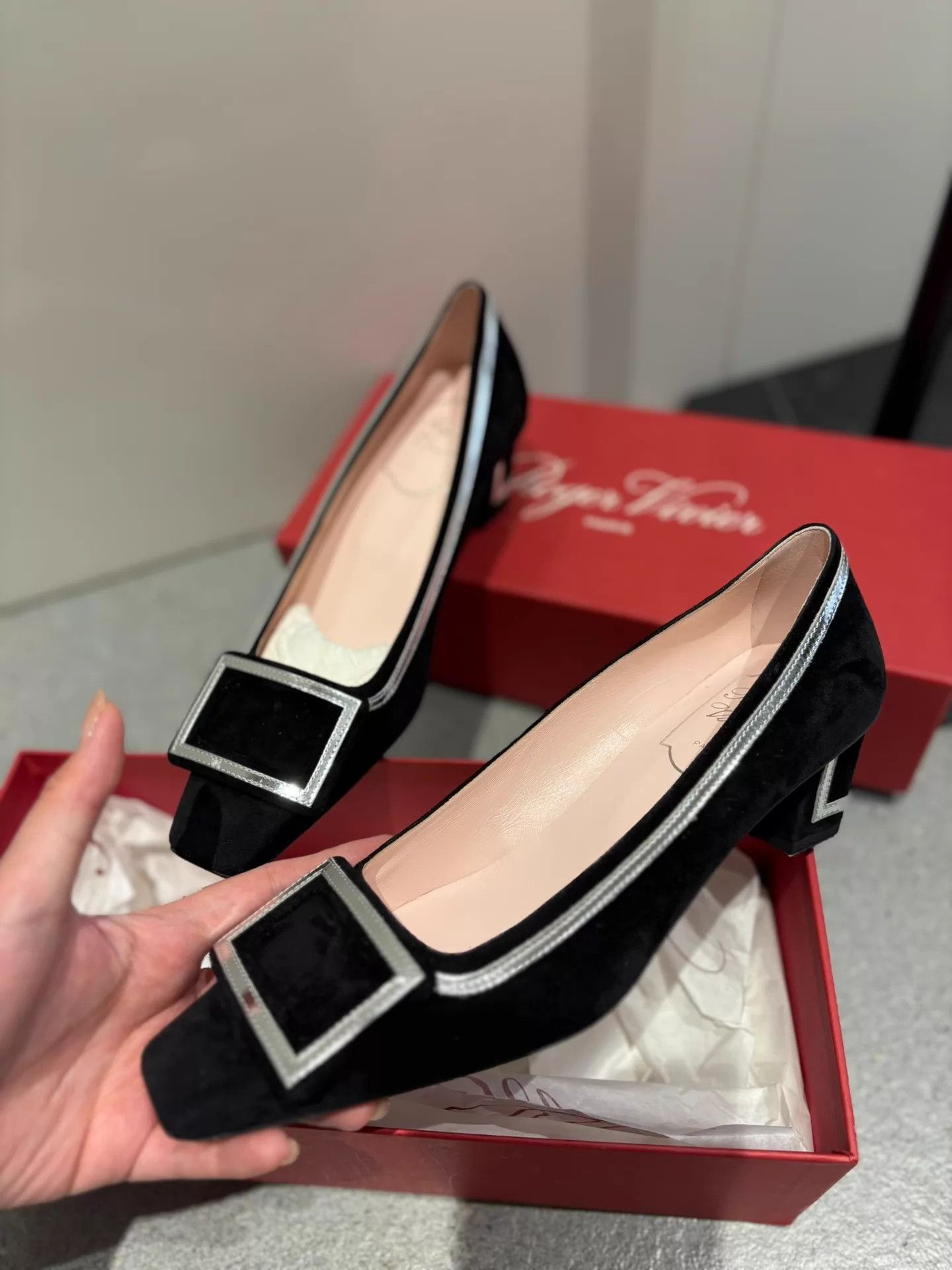 Roger Vivier RV Black Suede Square Buckle Heels Like New Boxed 37 Size US 6.5 / IT 36.5 - 1 Thumbnail