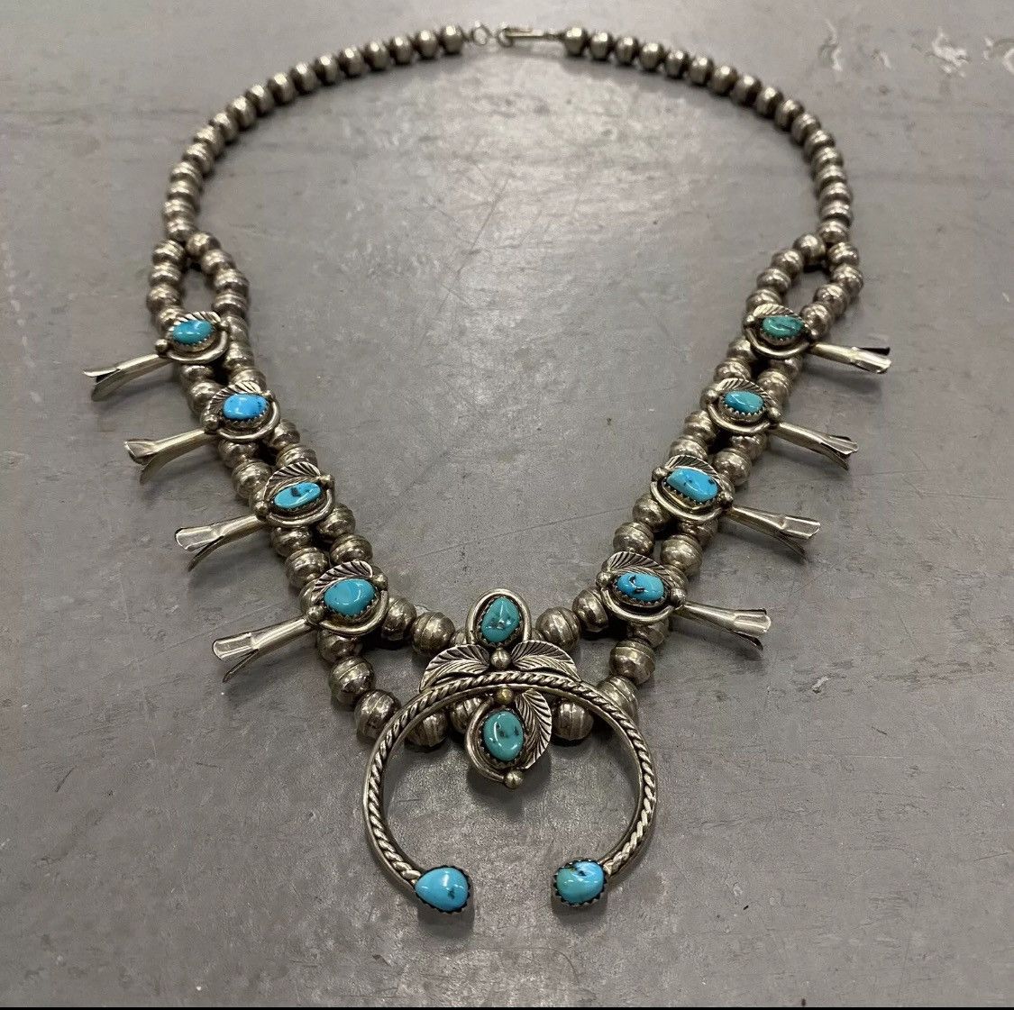 image of Vintage Navajo Sterling Turquoise Squash Blossom Necklace in Silver, Men's