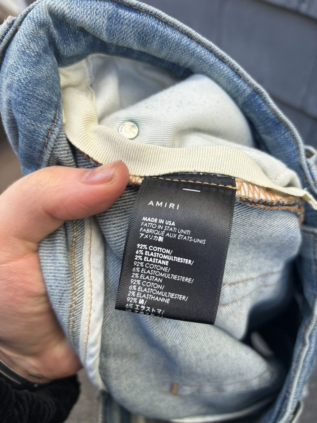 Jean Amiri Slim Bleu Clair - Taille 30 - Patch Militaire Imprimé - Occasion Très Bon état