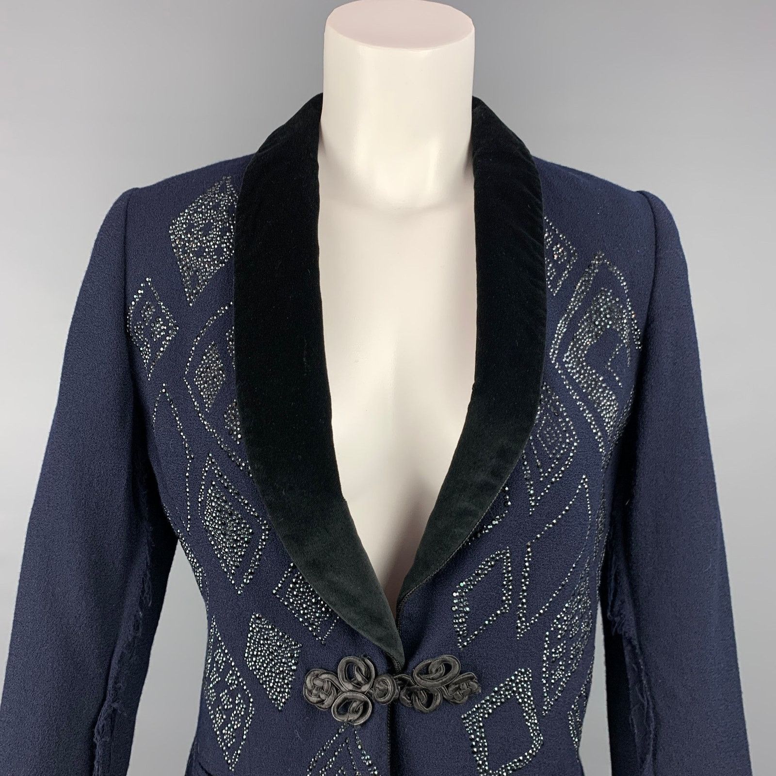 Vintage VINTAGE Size S Navy & Black Crepe Rhinestones Tuxedo Jacket Size S / US 4 / IT 40 - 2 Thumbnail