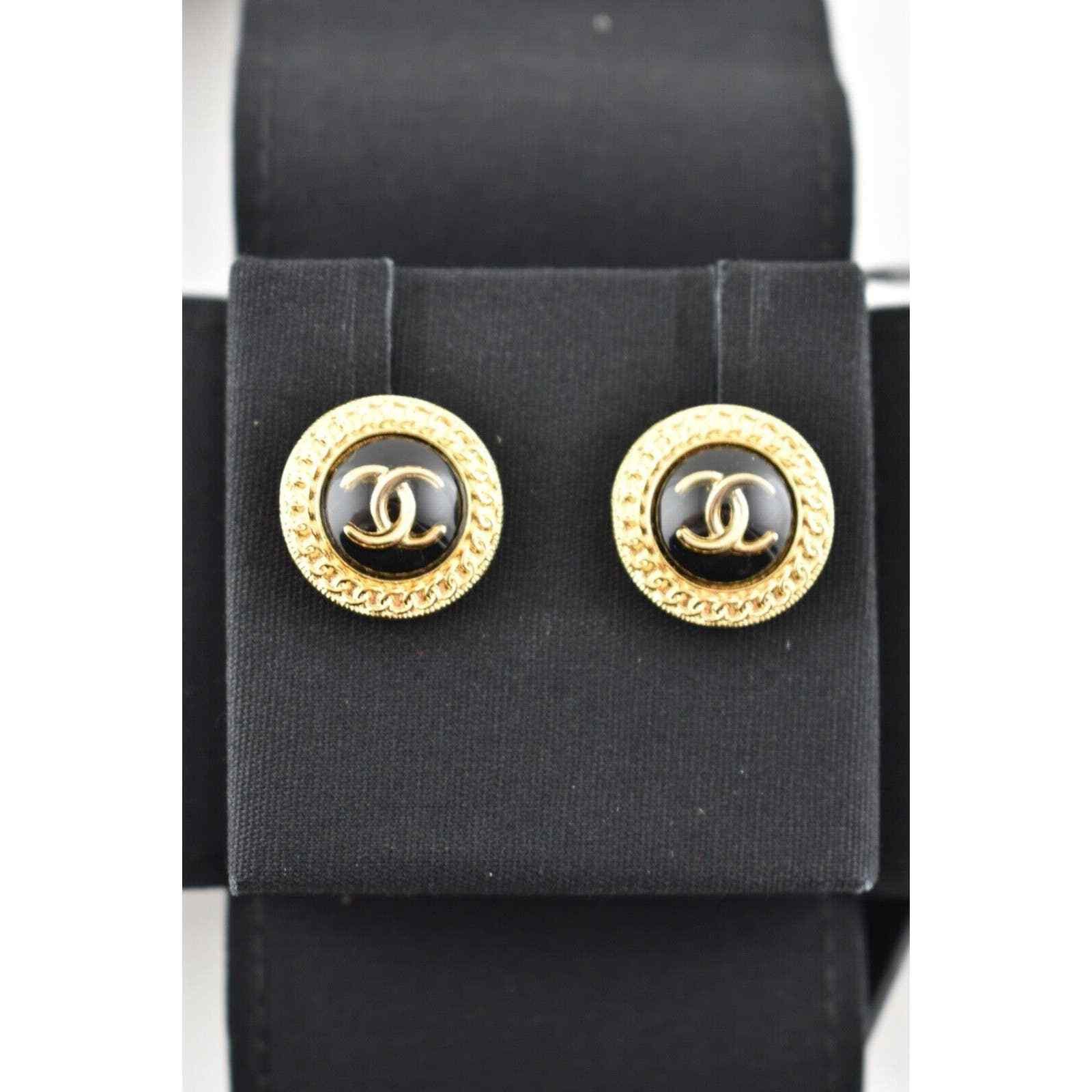 Chanel Chanel Gold Black Chain Link Dangle Statement Stud Earrings Size ONE SIZE - 3 Thumbnail