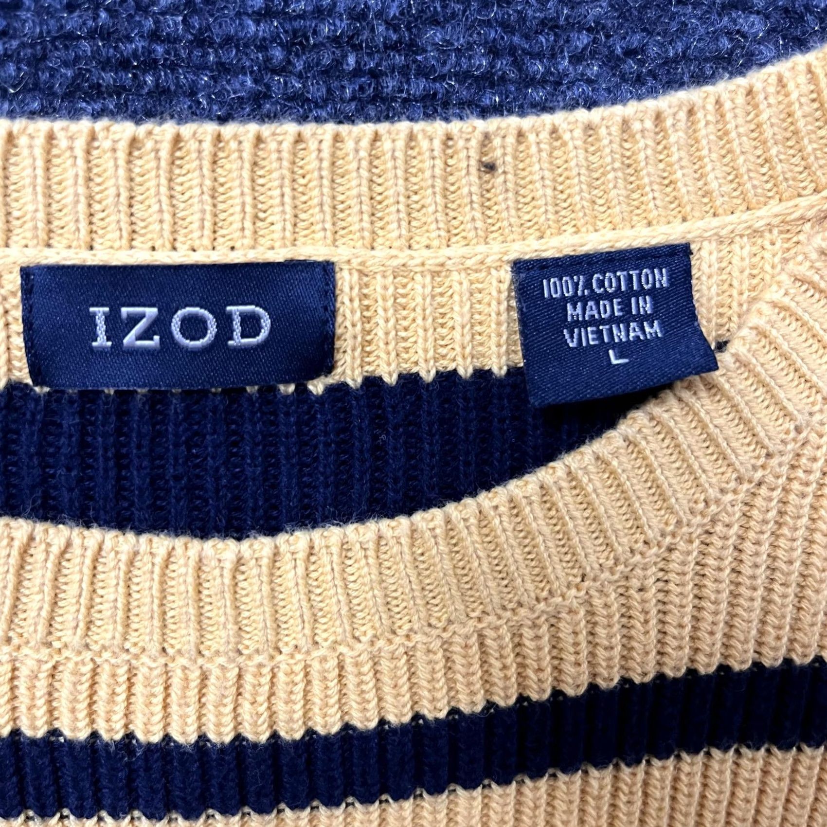 Izod VINTAGE IZOD Sweater Mens Large Yellow Navy Stripe Crewneck Cotton Preppy Knit Size US L / EU 52-54 / 3 - 4 Thumbnail