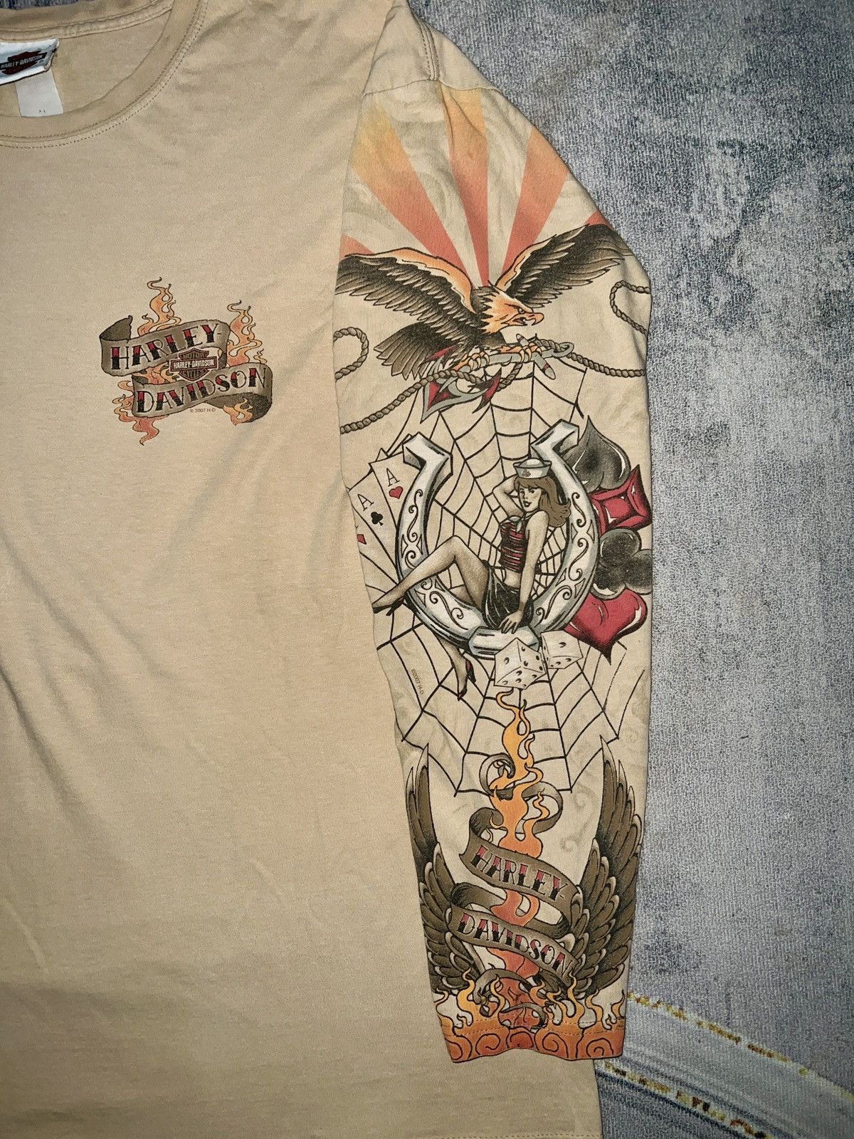 Harley Davidson Vintage Harley Davidson Tattoo Spiderweb Flame Longsleeve Size US XL / EU 56 / 4 - 4 Thumbnail