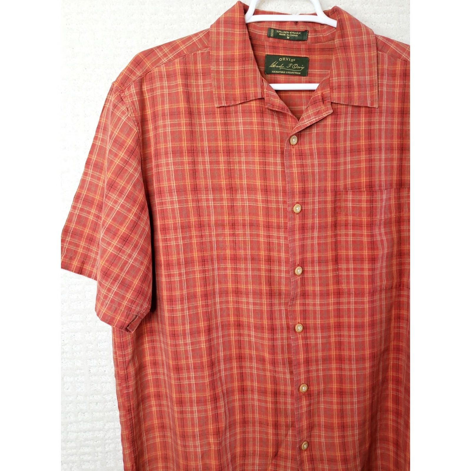 Orvis Orvis Signature Collection Shirt M Orange Plaid Silk Linen Button-Down Short Sleeve Mens Size US M / EU 48-50 / 2 - 3 Thumbnail