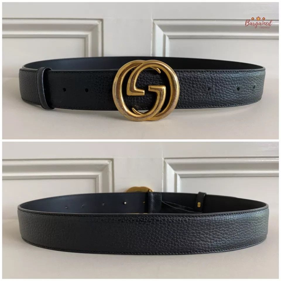 Gucci Gucci Black Pebbled Leather Gold Interlocking G Buckle Belt Size 34 - 11 Thumbnail