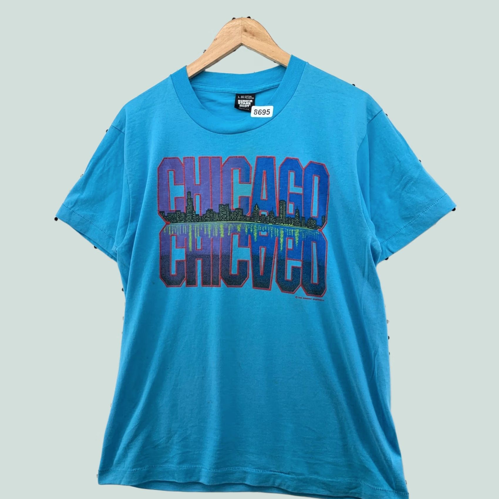 Vintage VINTAGE Chicago Skyline Shirt Blue Large Mens 80s 90s Single Stitch Crew Neck Short Sleeve USA Screen Stars T-Shirt Size US L / EU 52-54 / 3 - 1 Thumbnail