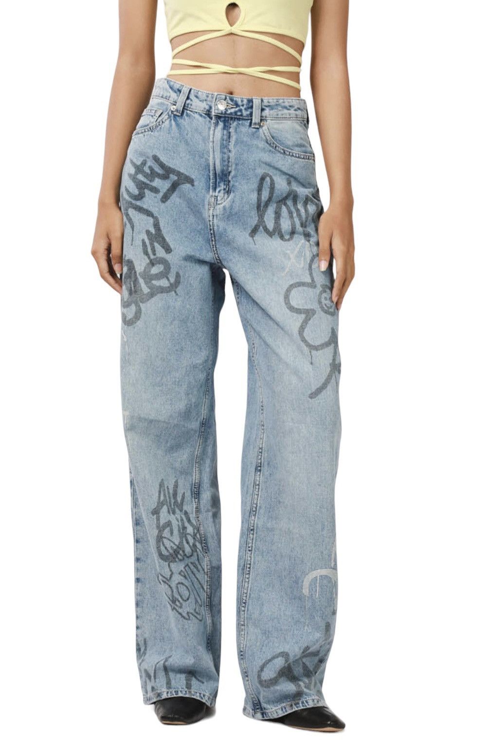 image of Avant Garde x H&m Women Avantgarde Printed Baggy Jeans in Light Blue (Size 28)