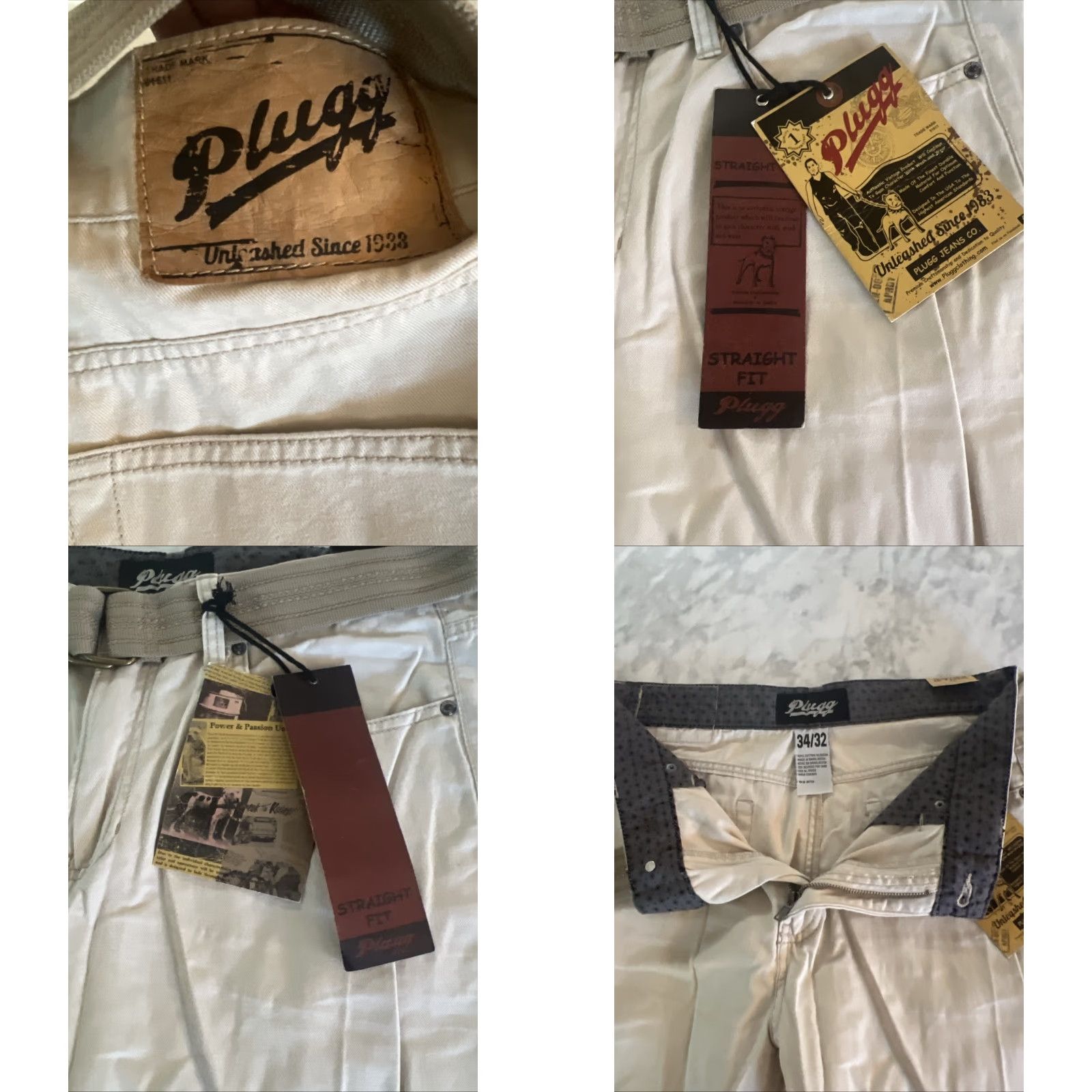 Vintage Plugg Pants Men’s 34/32 Stone Belted Straight Leg Cotton New Tags Khakis, Flat Front, Zip Button, Beige, Regular Rise, Inseam 32, Size 34, Men Size US 34 / EU 50 - 8 Thumbnail