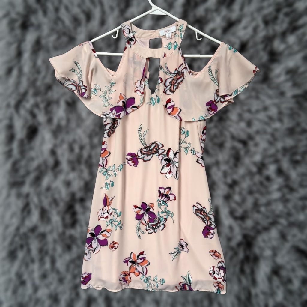 Vintage Candies Sundress XS Peach Floral Halter Cold Shoulder Chiffon Boho Summer Dress Womens XS Pink Floral Sundress Juniors Size XS / US 0-2 / IT 36-38 - 1 Thumbnail
