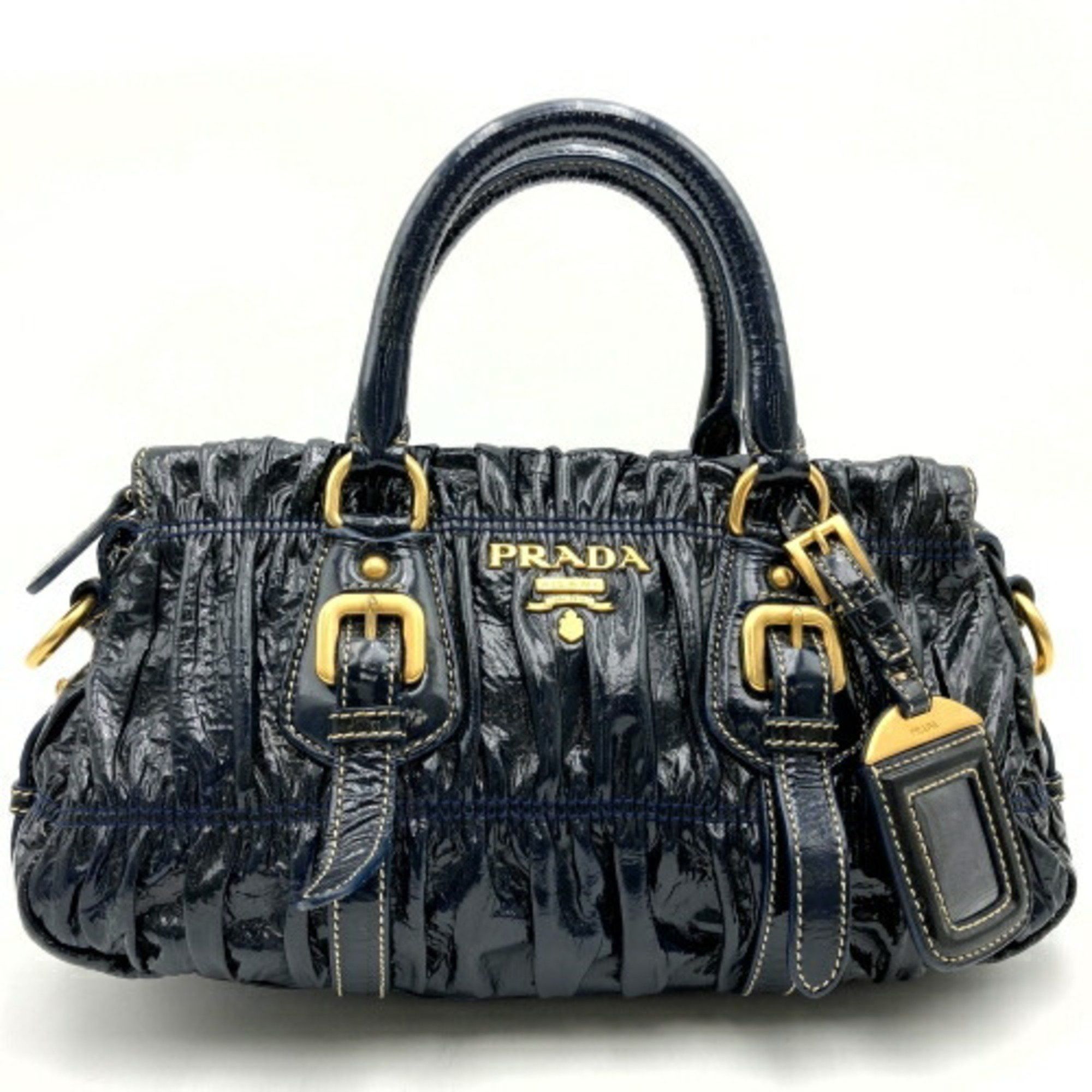 image of Prada Handbag Shoulder Bag 2Way Navy Black Enamel Gathered Frill Prada It9Q86O455Yc, Women's