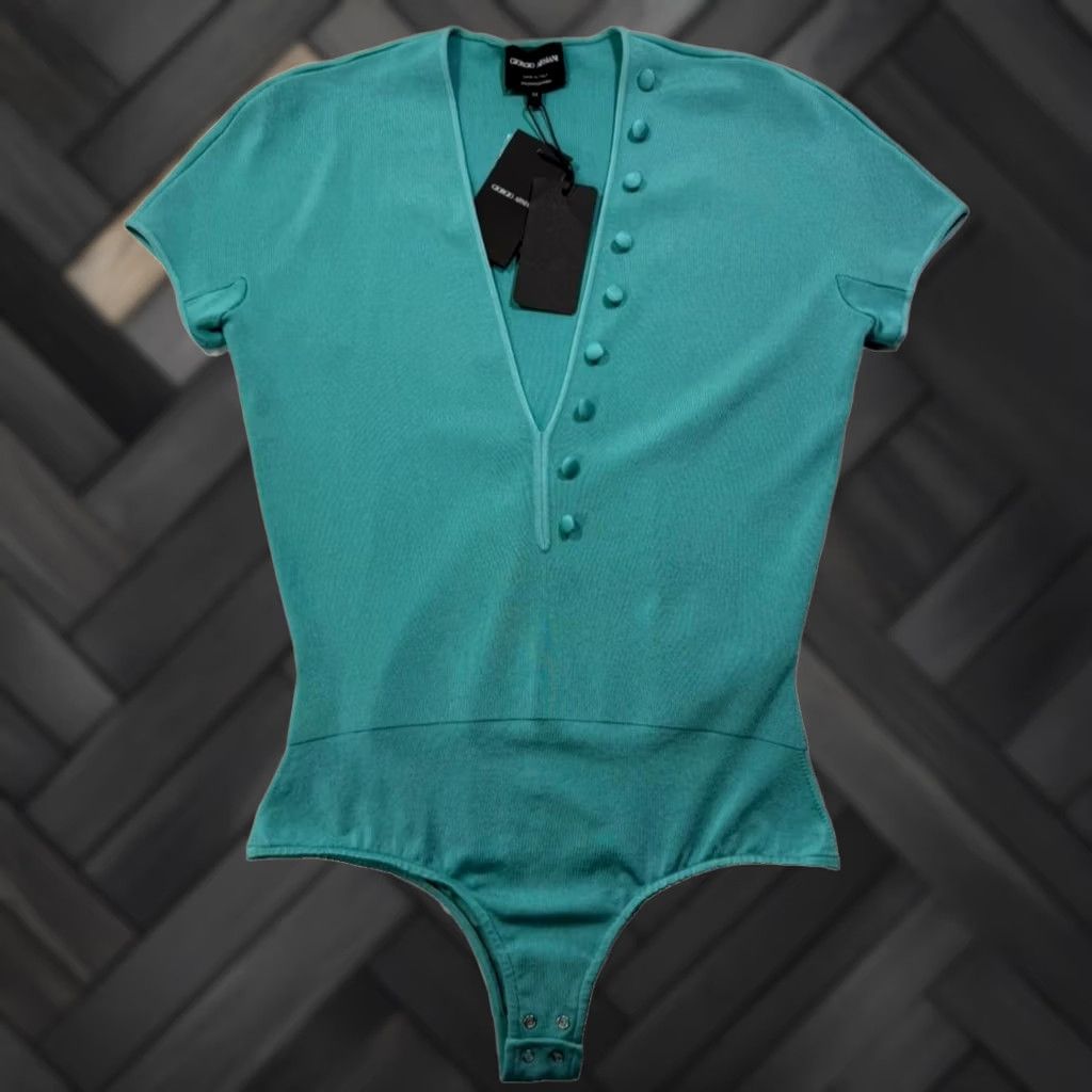 Giorgio Armani Giorgio Armani BODYSUIT Blue 44 V-Neck Short Sleeve – Bnwt Women’s Regular Fit, Dry Clean Only, Casual, Italy, Tank Top Bodysuit Size M / US 6-8 / IT 42-44 - 1 Thumbnail