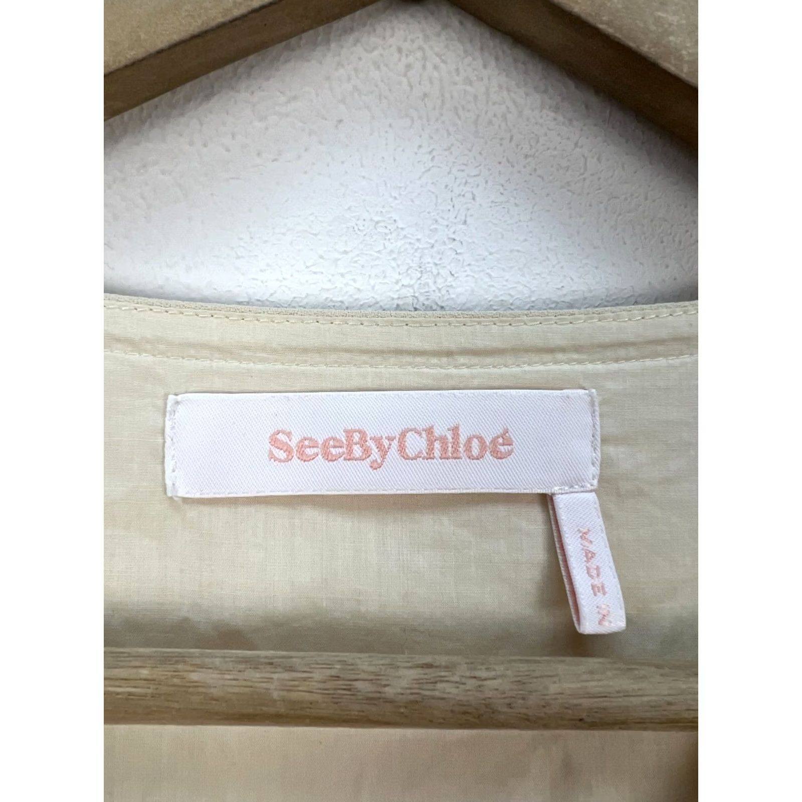 Vintage See By Chloe Beige V-Neck Blouse Ruched Short Sleeve Women’s Size 42 L Beige Blouse Womens V-Neck Short Sleeve See By Chloe Size L / US 10 / IT 46 - 3 Thumbnail