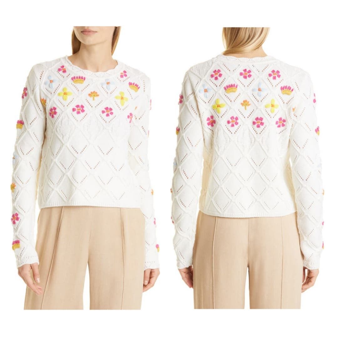 image of New La Ligne Floral Embroidered Crop Sweater Merino Wool in White, Women's (Size XL)