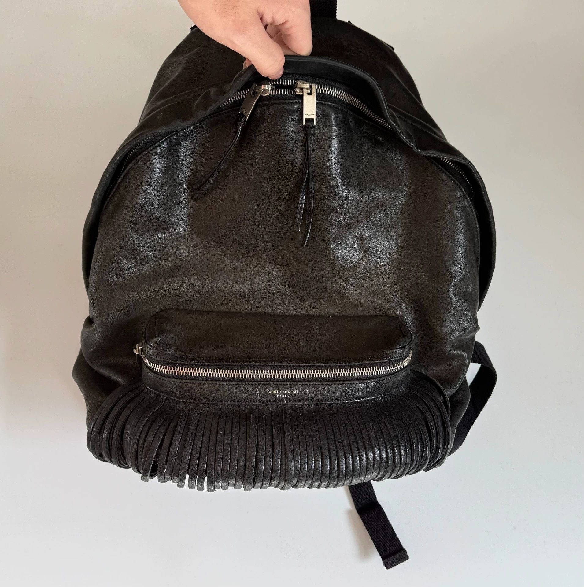 Saint Laurent Paris Saint Laurent SLP Fringe Leather Backpack Black Brown Waxed Size ONE SIZE - 1 Thumbnail