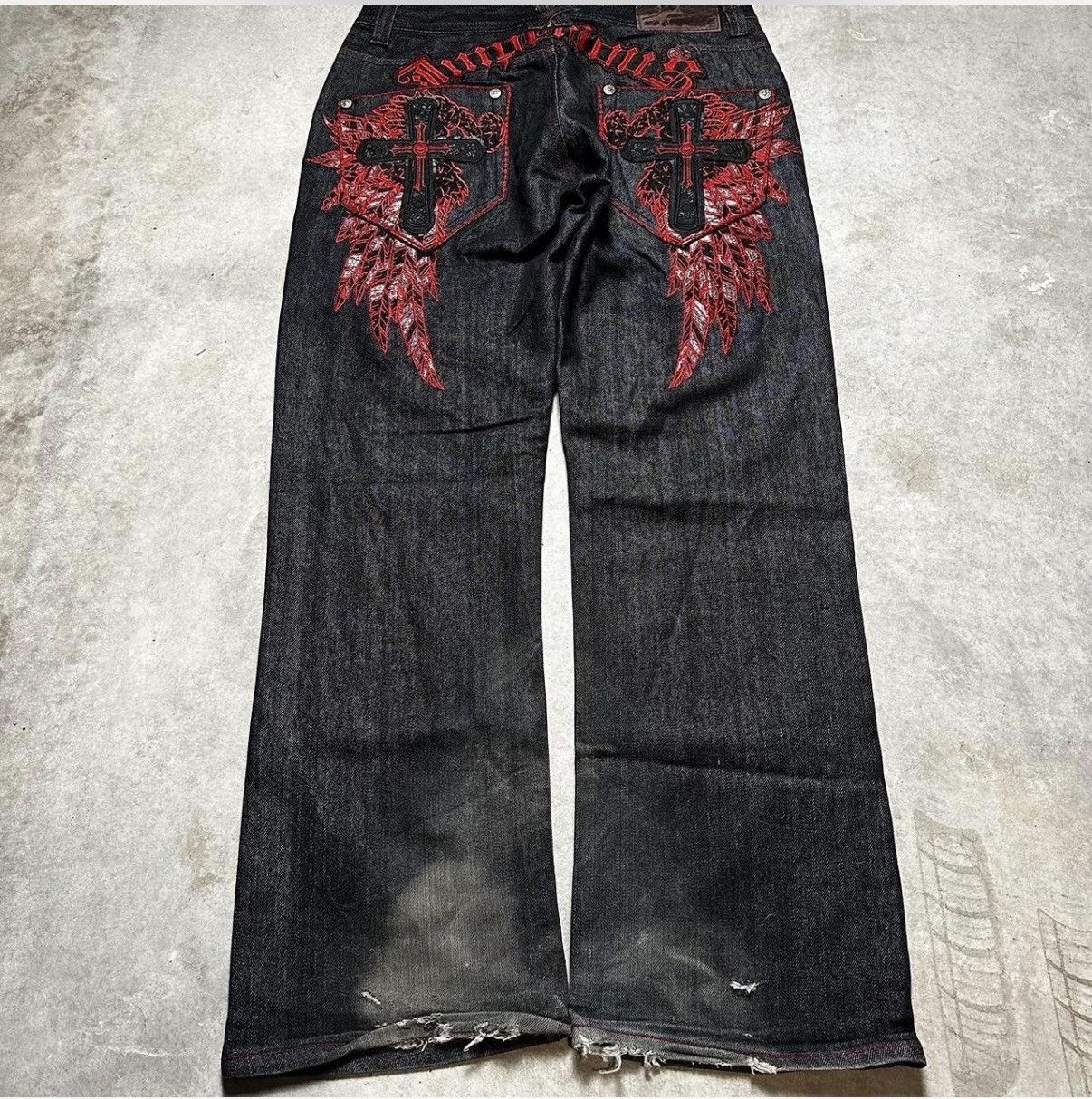 Other Y2K back/red denim jeans with cross and angel wing Size US 32 / EU 48 - 1 Thumbnail