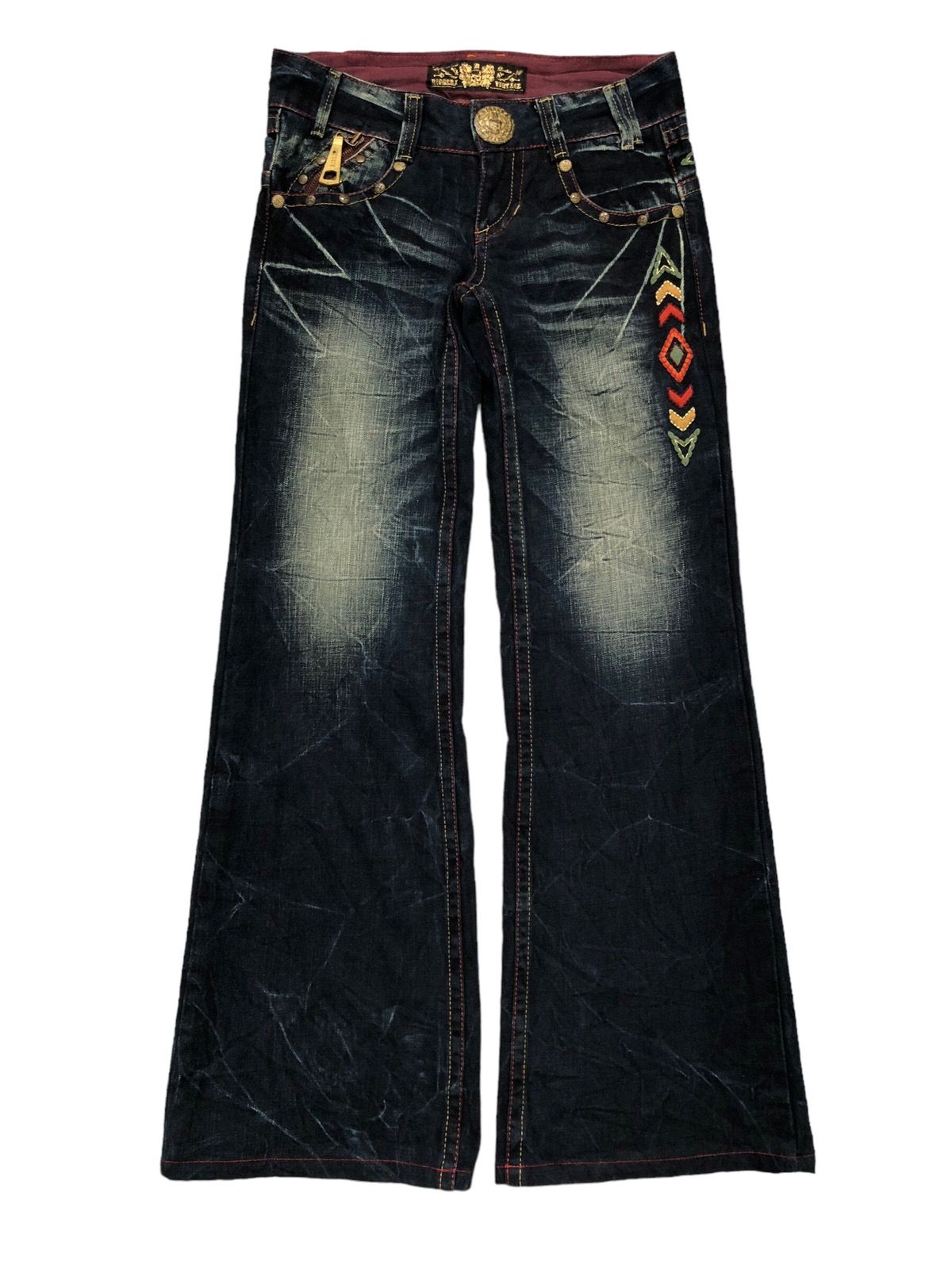 Pre-owned If Six Was Nine X Kmrii Riobera Studded Low Rise Wide Leg Flare Jeans In Blue Wash