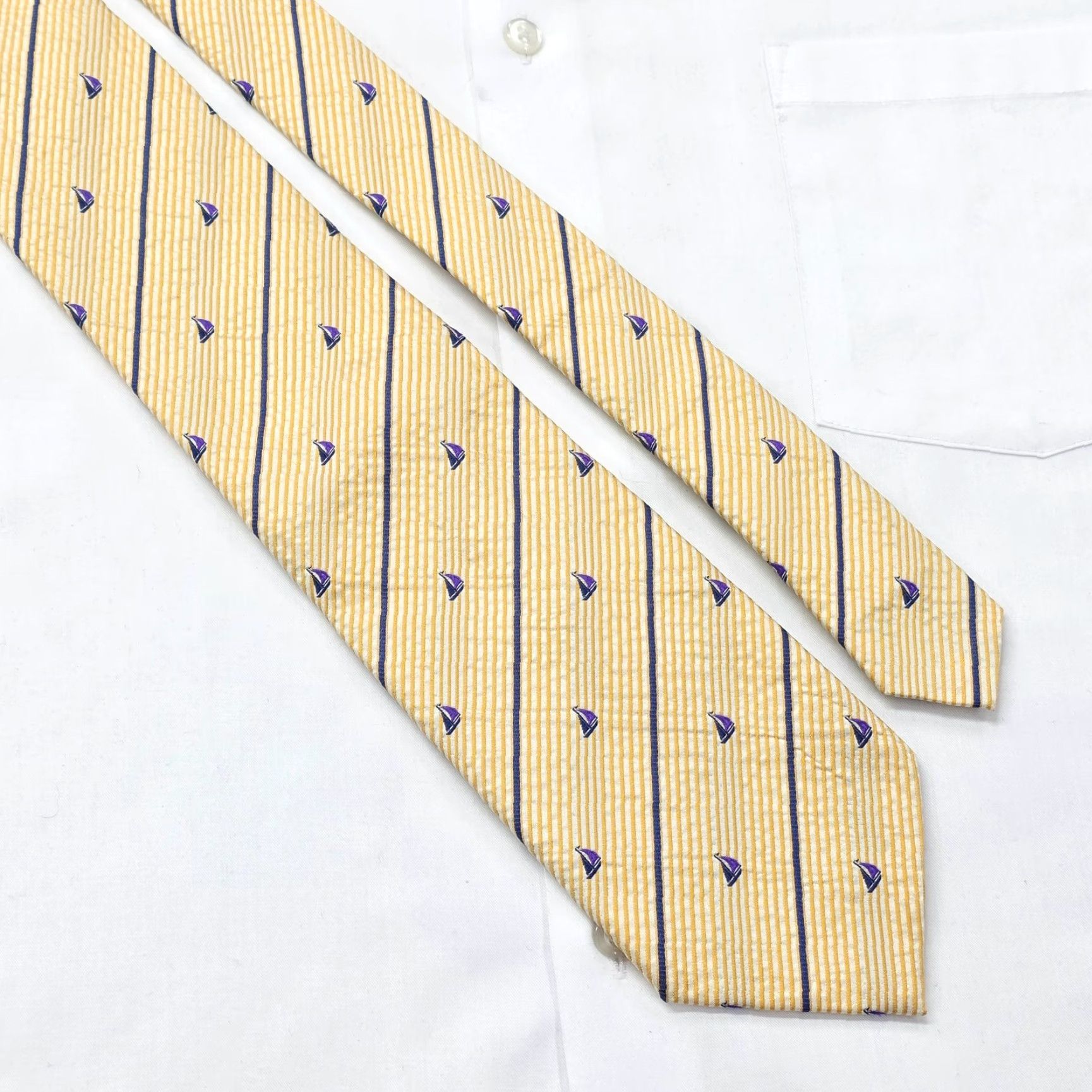 Vintage Paul Fredrick Necktie Mens Yellow Designer Tie Sail Boats Striped Preppy 59" X 3.75" Silk Tie Mens Size ONE SIZE - 3 Thumbnail