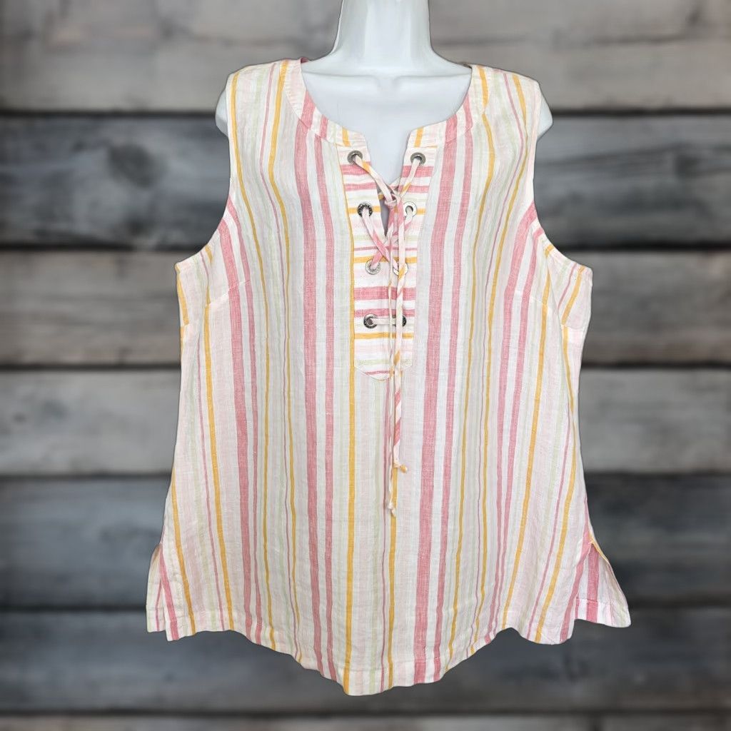 Tommy Bahama Tommy Bahama Womens Linen Top XL Pink Yellow Stripe Sleeveless Blouse Shirt/Top Size XL / US 12-14 / IT 48-50 - 1 Thumbnail