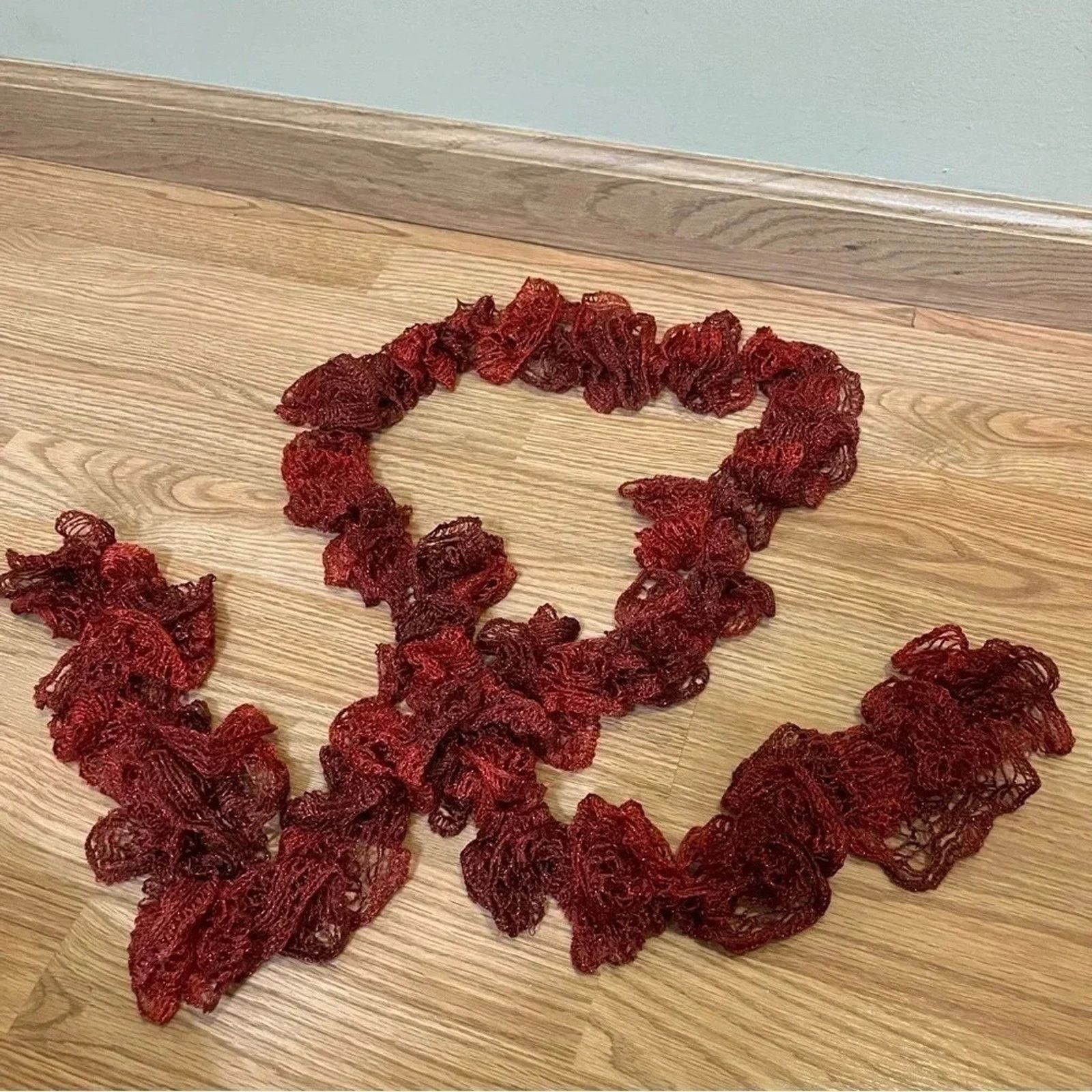 Handmade Fashion Handmade Crochet Ruffle Lace Scarf Red Extra Long Size ONE SIZE - 1 Thumbnail