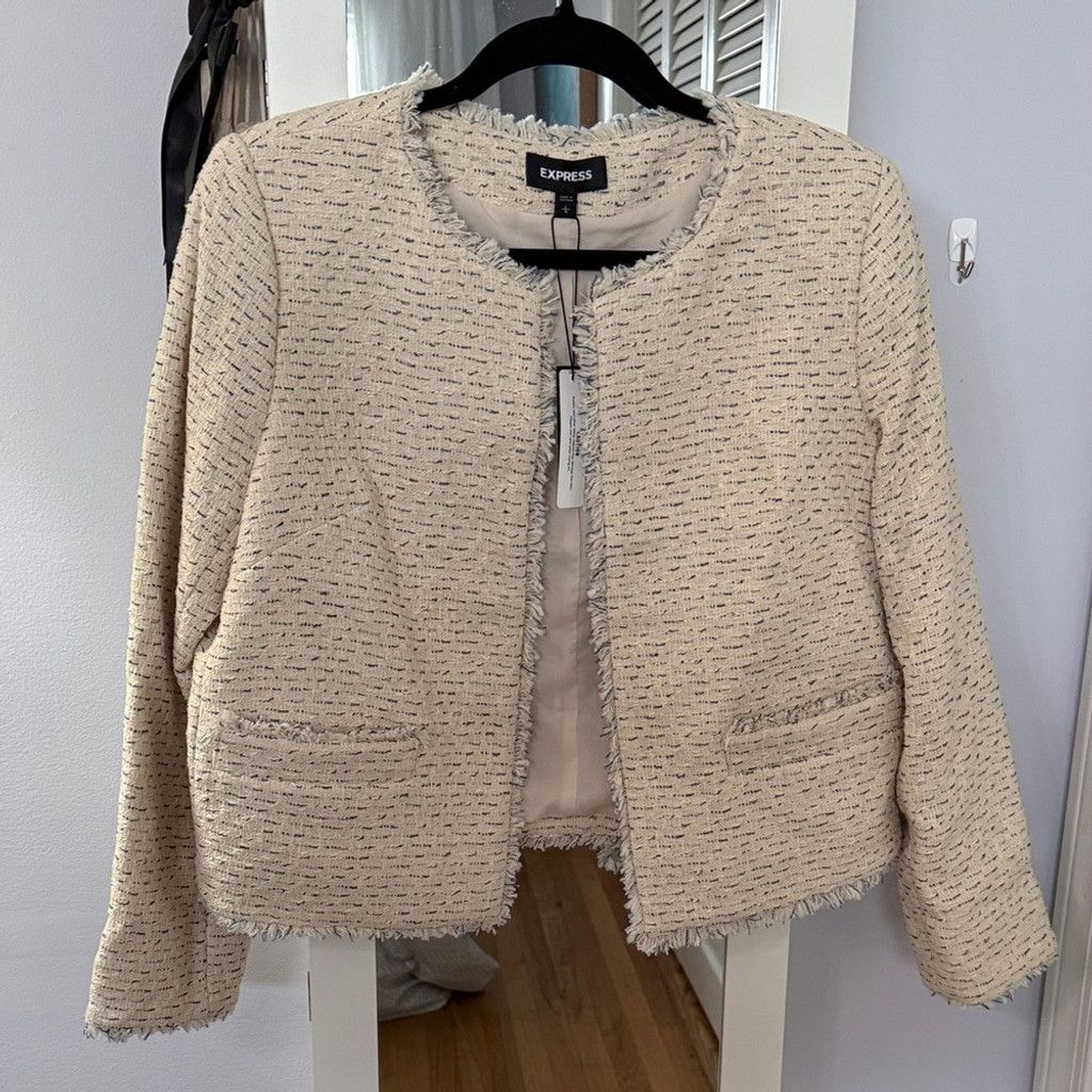 Express Express Neutral Cream Tweed Fringe Open-Front Blazer Size L / US 10 / IT 46 - 1 Thumbnail