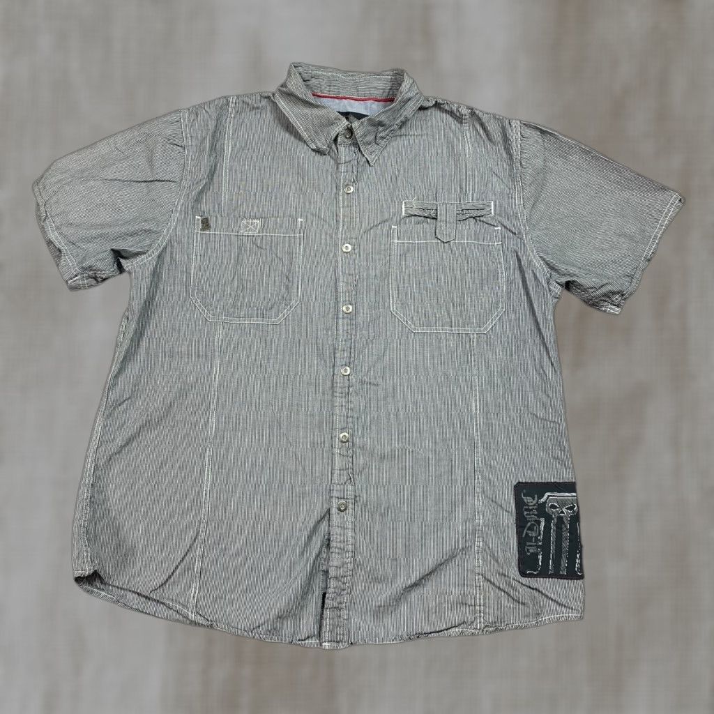 Harley-Davidson Garage Shirt Mens XL Gray Striped #1 Skull Logo Short Sleeve Shirt