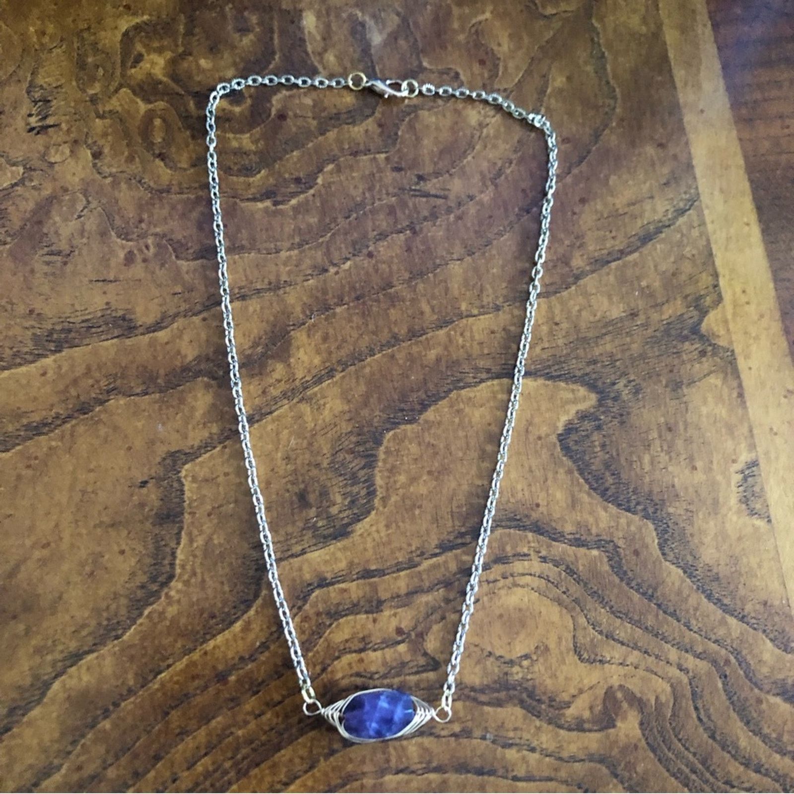 Handmade Handcrafted gold wire cage genuine amethyst stone necklace Size ONE SIZE - 10 Thumbnail