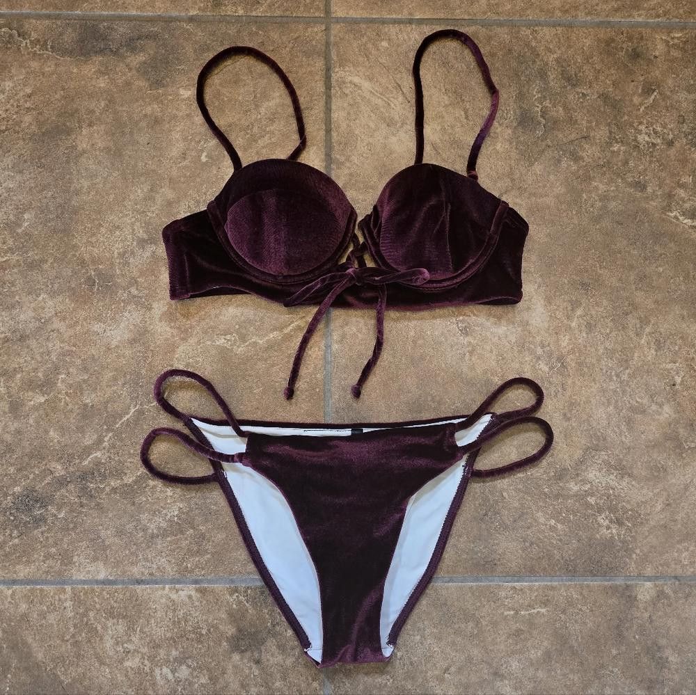 Designer Dark Burgundy Velvet Lush Lingerie Nightie Set Size ONE SIZE - 3 Thumbnail