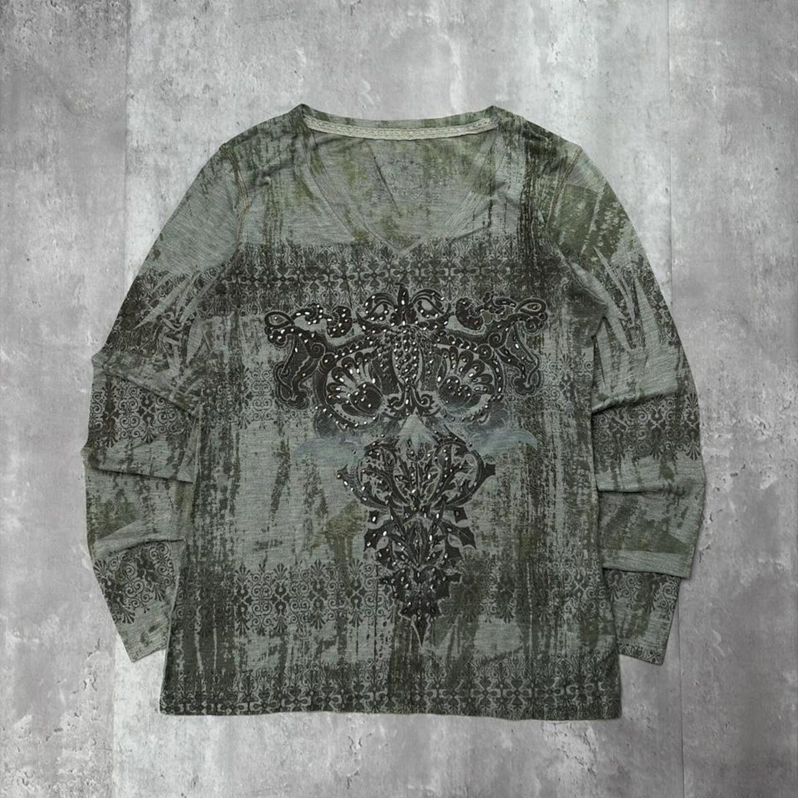 Other Y2K Green Source Grunge Gothic Embellished Long Sleeve Shirt Size M / US 6-8 / IT 42-44 - 1 Thumbnail