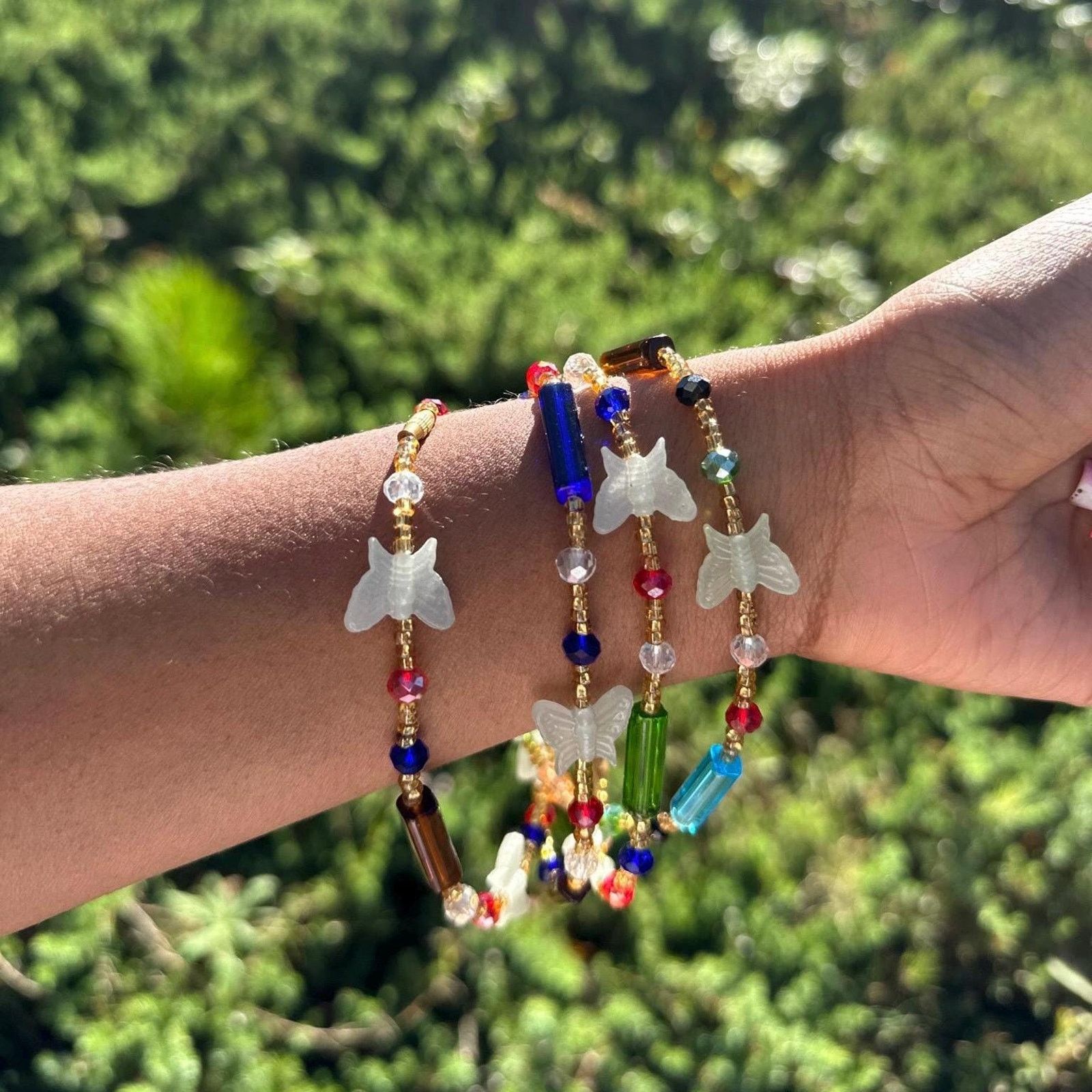 Handmade Multicolored butterfly beaded anklet glow in the dark Size ONE SIZE - 3 Thumbnail