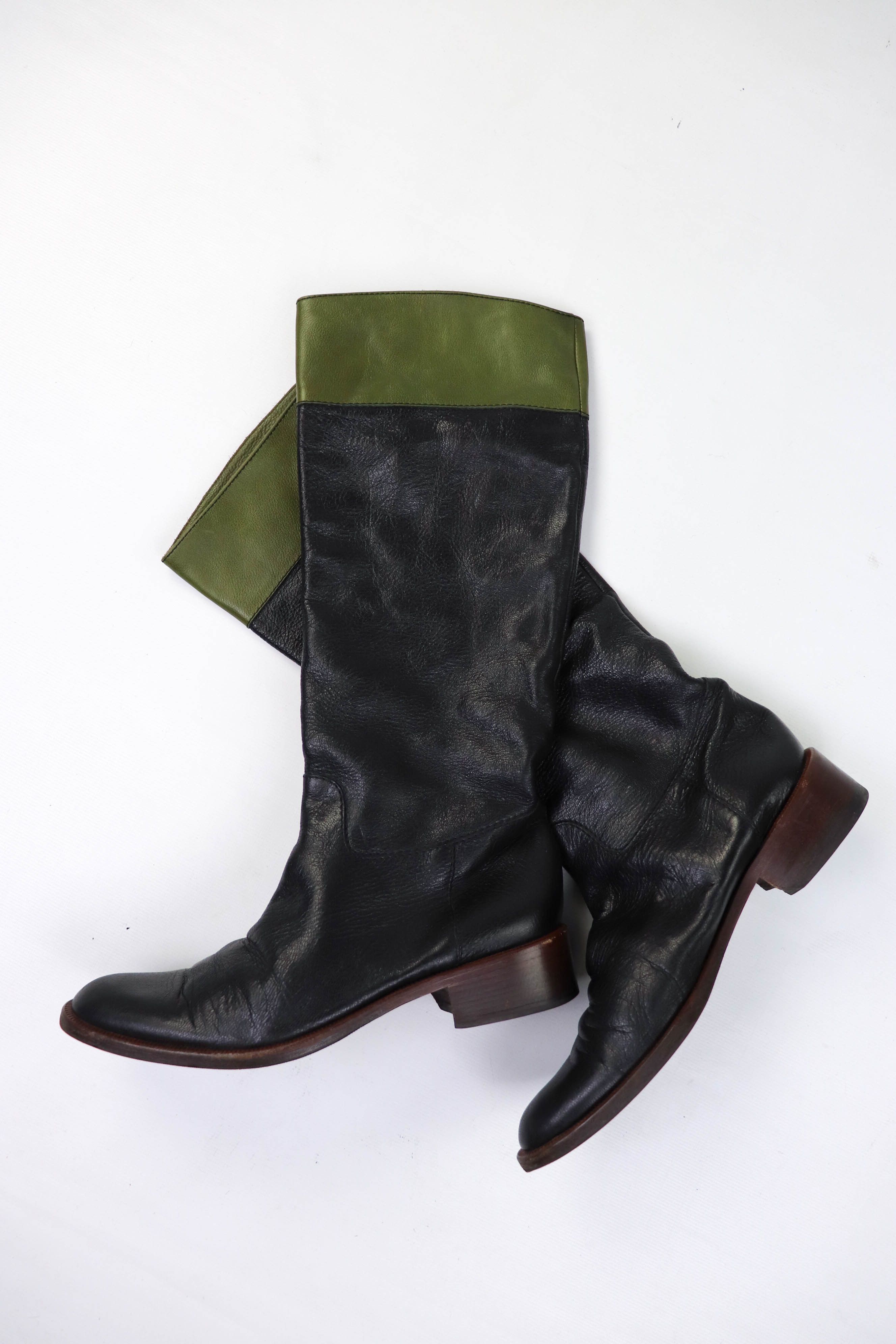 Etro Vintage ETRO Two Tone Green Leather Knee Length Riding Boots Size US 8.5 / IT 38.5 - 1 Thumbnail
