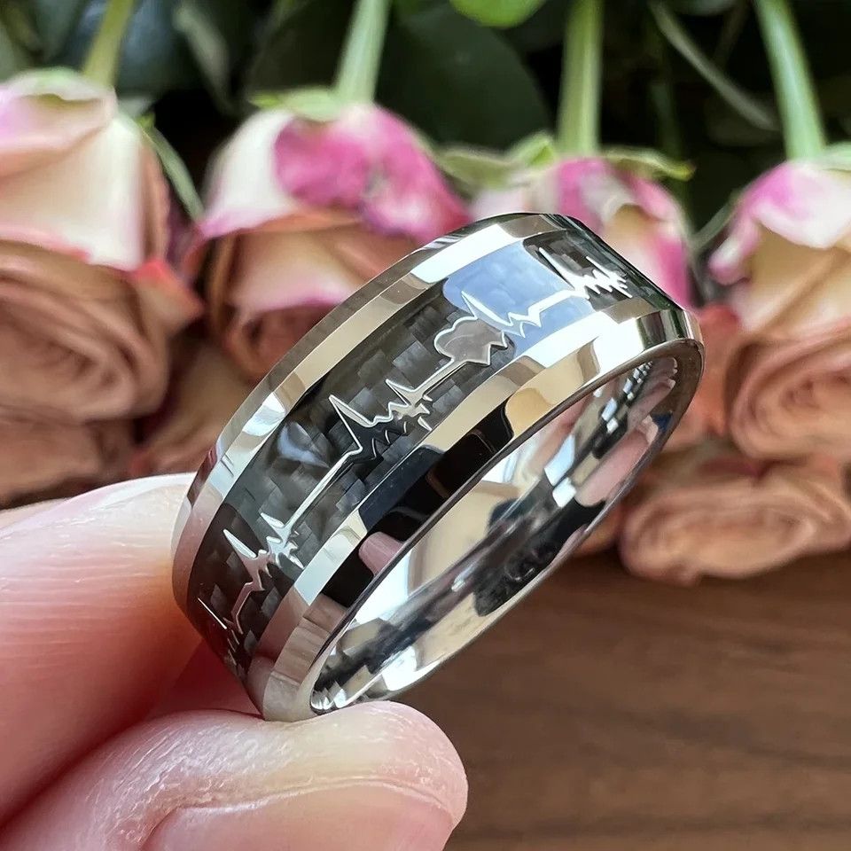 Japanese Brand × Jewelry 8mm Black Carbon Fiber Heart Inlay Ring Size ONE SIZE - 4 Thumbnail