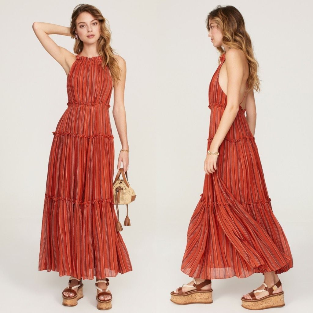 Ulla Johnson Ulla Johnson Dress Giulietta Red Striped Open Back Tiered Ma Size XL / US 12-14 / IT 48-50 - 1 Thumbnail
