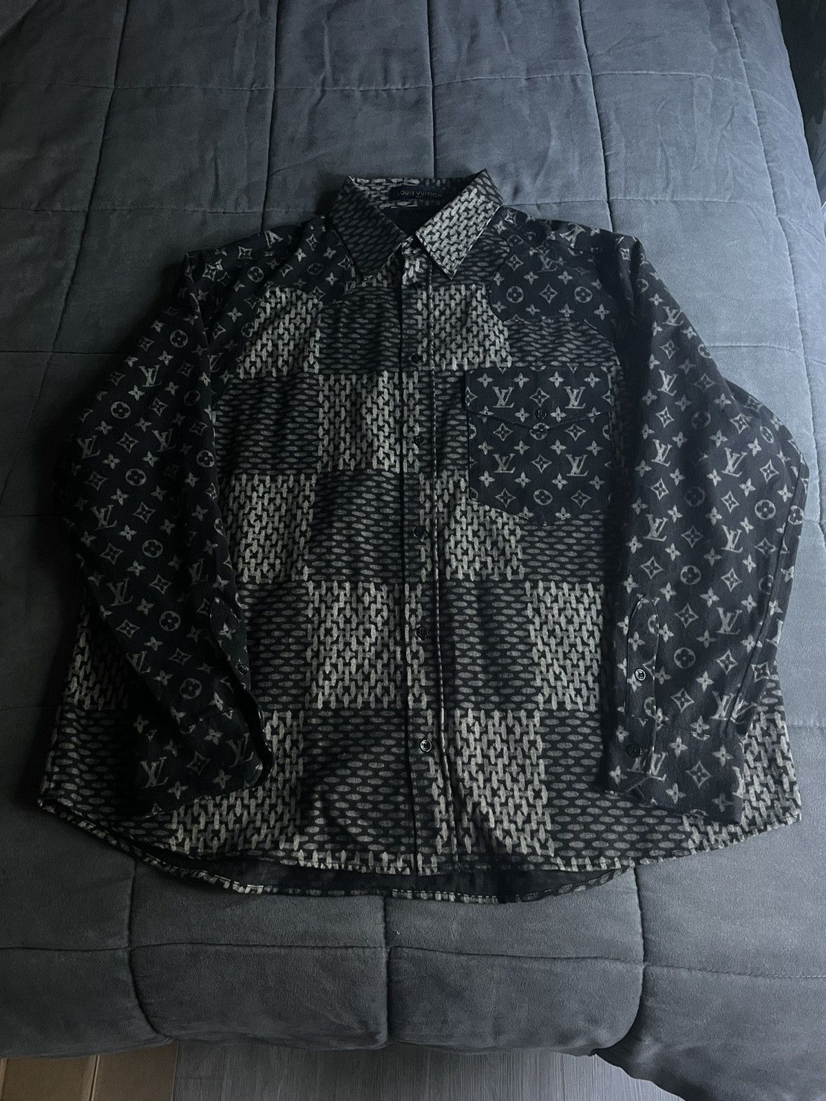 image of Louis Vuitton Nigo Damier Waves Monogram Shirt in Black, Men's (Size 2XL)