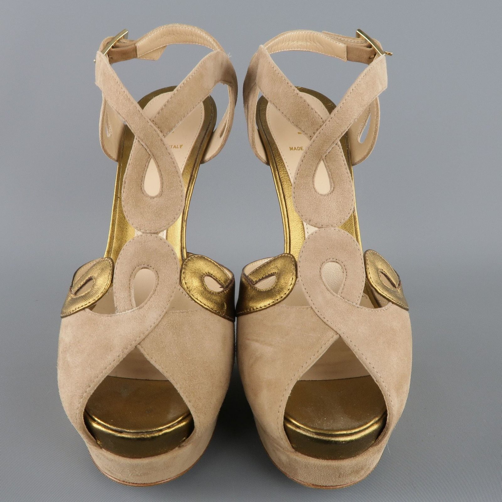 Fendi Size 9 Taupe Suede Metallic Gold Leather Peep Toe Platform Size US 9 / IT 39 - 5 Thumbnail