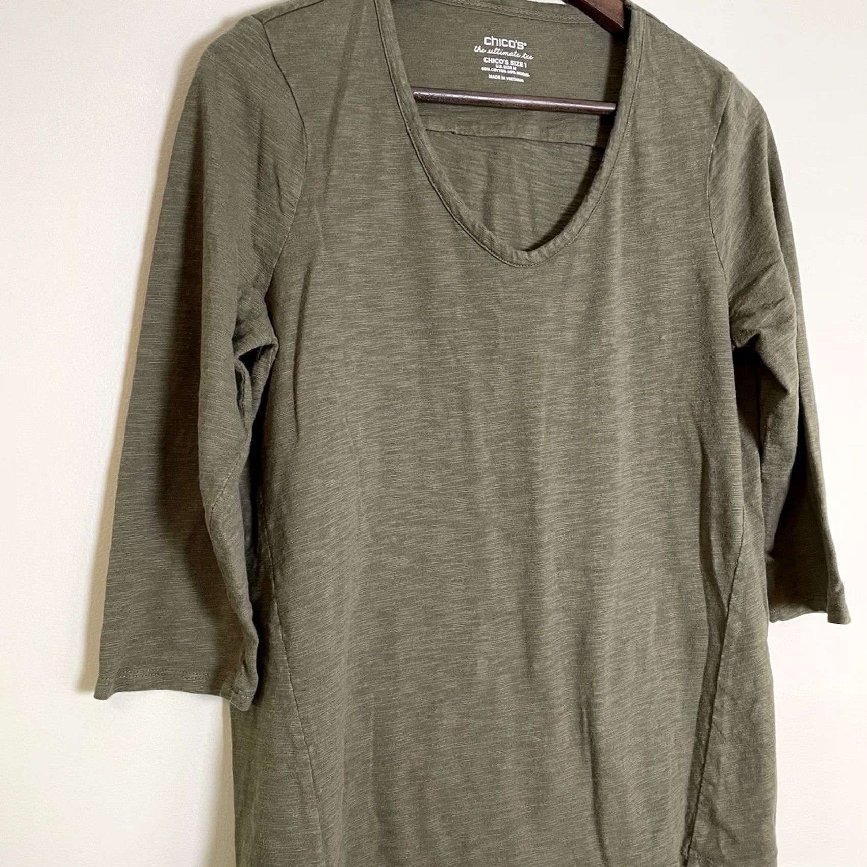 Vintage Chico's Tee Top Blouse Woman M Cotton Slub 3/4 Sleeve Olive Green Casual Shirt Size M / US 6-8 / IT 42-44 - 3 Thumbnail