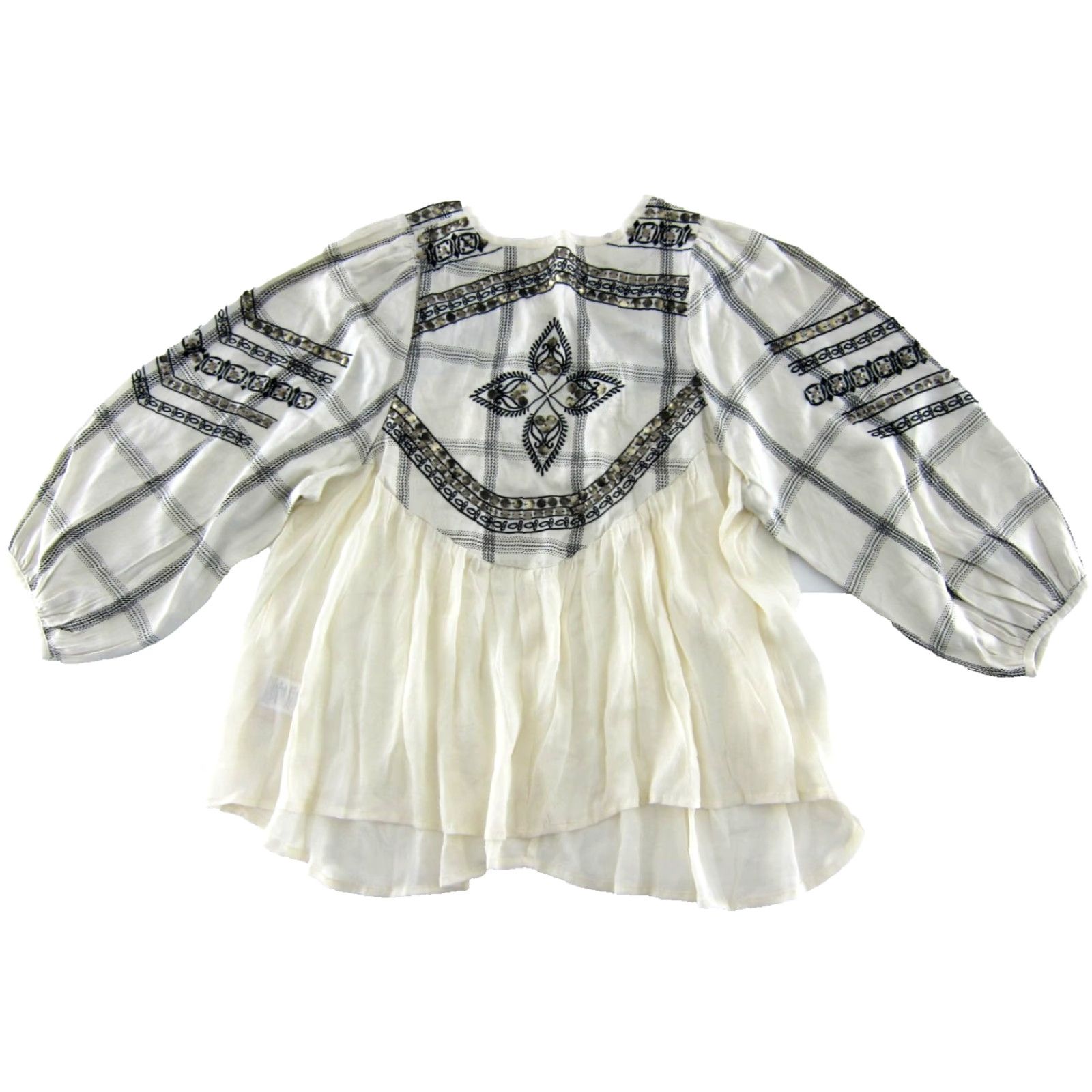 Vintage Muche Muchette Ivory Black Rayon Gold Beaded Long Sleeve Peasant Blouse O/S Size ONE SIZE - 2 Thumbnail