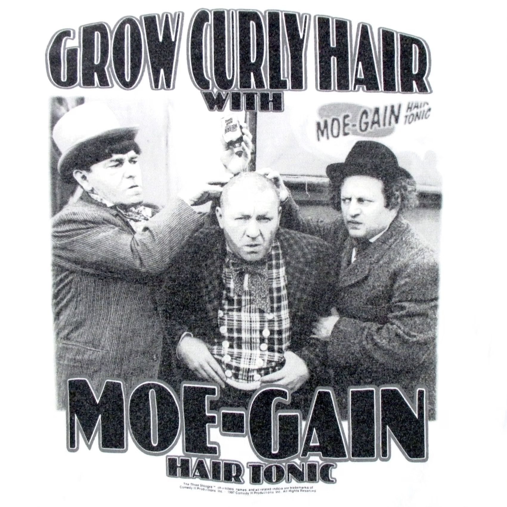 Vintage vintage THE THREE STOOGES MOE-GAIN HAIR TONIC T-Shirt M white 80s 90s adult Mens comedy shirt Size US M / EU 48-50 / 2 - 6 Thumbnail