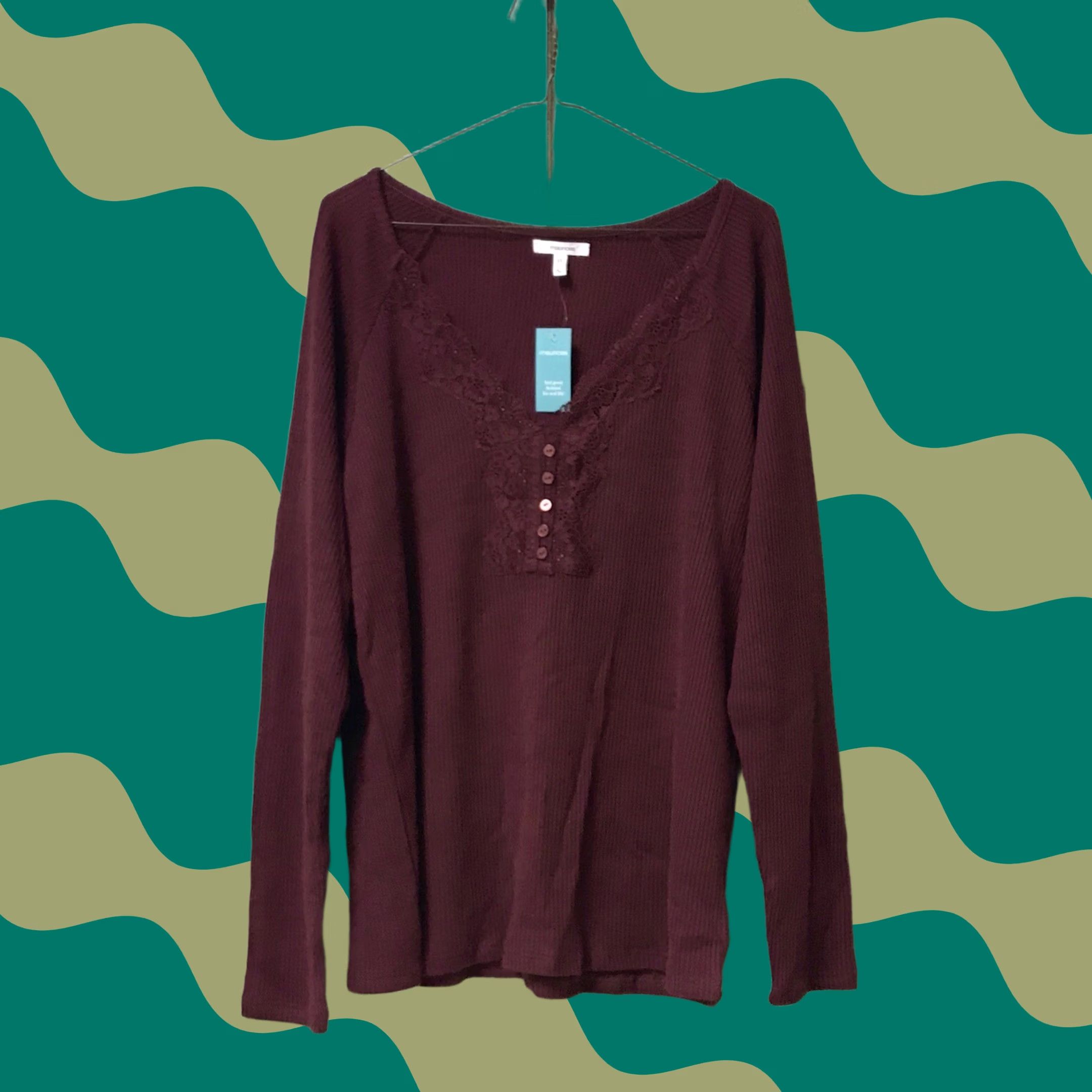Vintage Maurices Women Burdund Burgundy Red Heartland Lace Trim Henley Long Sleeve Top Blouse XL Shirt Womens Size XL / US 12-14 / IT 48-50 - 1 Thumbnail