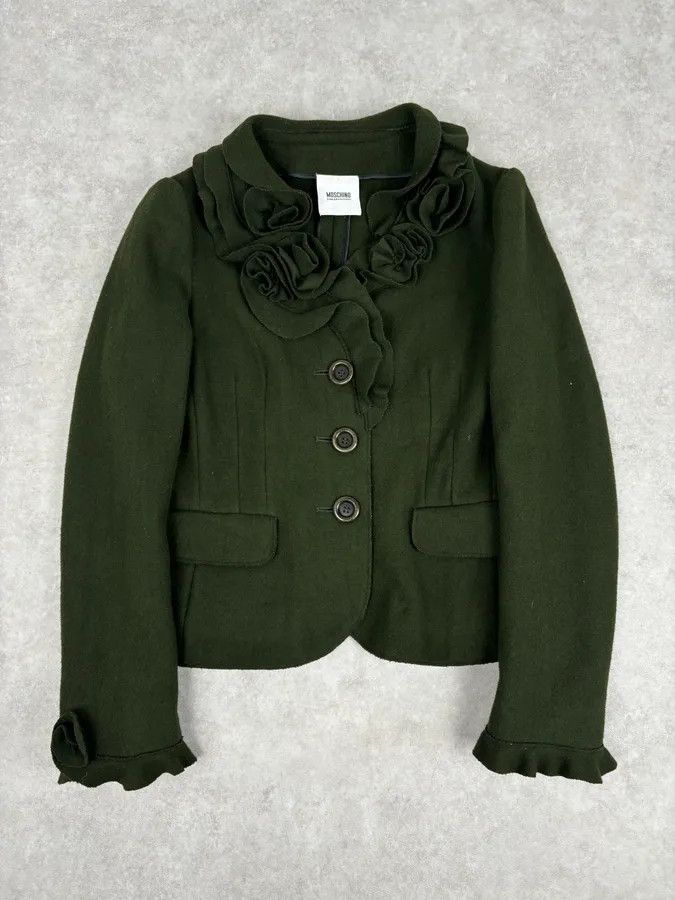Moschino 2010s Moschino Olive Wool Ruffled Blazer Jacket Size S / US 4 / IT 40 - 1 Thumbnail