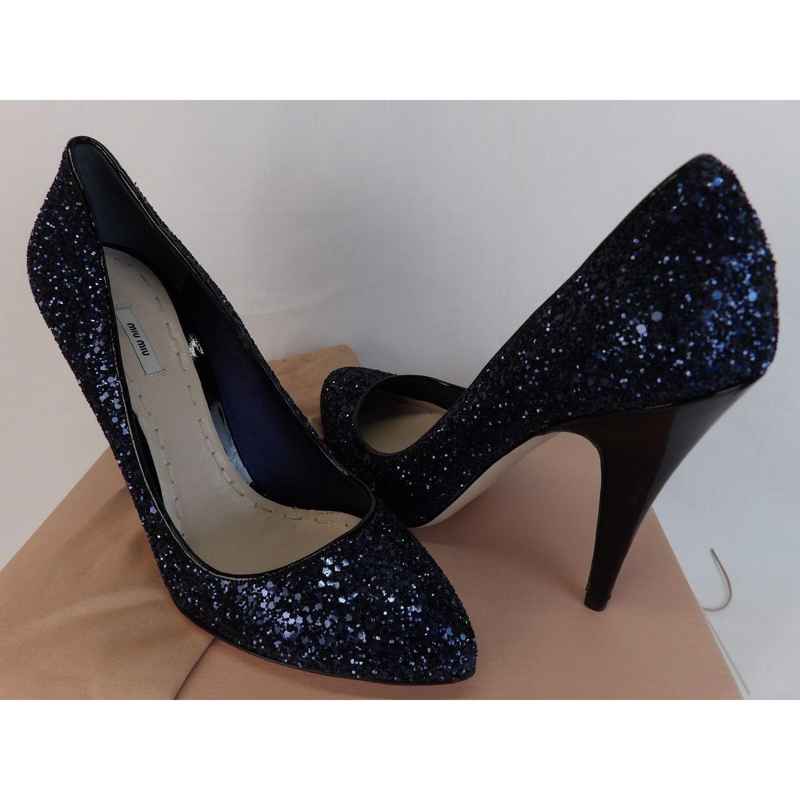 Miu Miu DARK NAVY GLITTER BLACK PATENT LEATHER HEEL PUMPS 40.5 ITALY Size US 10.5 / IT 40.5 - 11 Thumbnail
