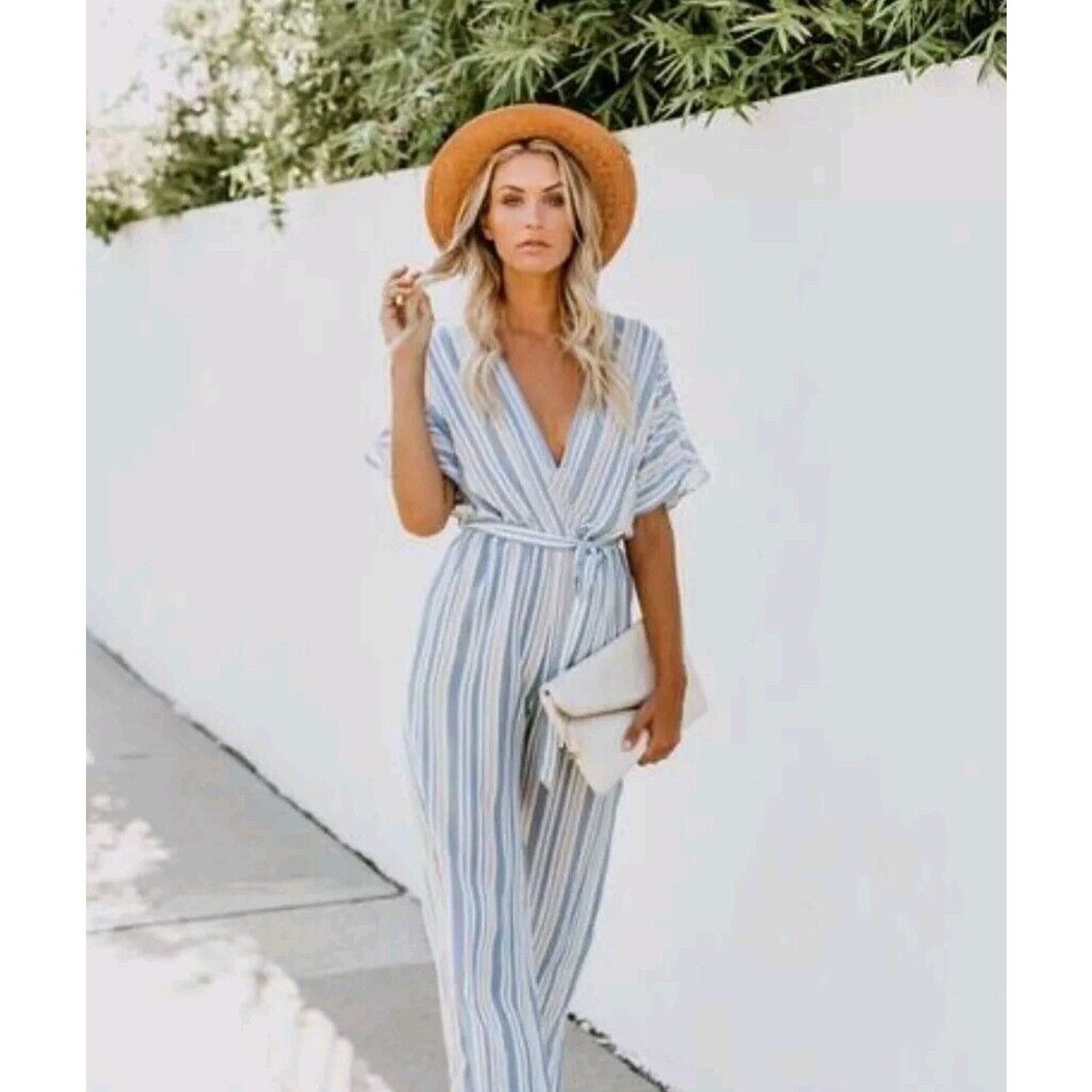 Zara Deep V Jumpsuit Romper Blue Stripe Open Back Wide Leg XS 3 Size 24" / US 00 / IT 34 - 1 Thumbnail