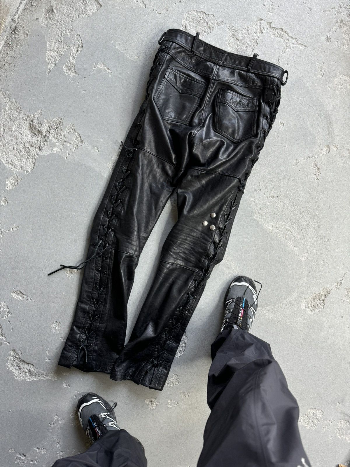 Leather Vintage Real Leather Cowhide Side Laces Biker Pants 7298AC Size US 32 / EU 48 - 2 Thumbnail