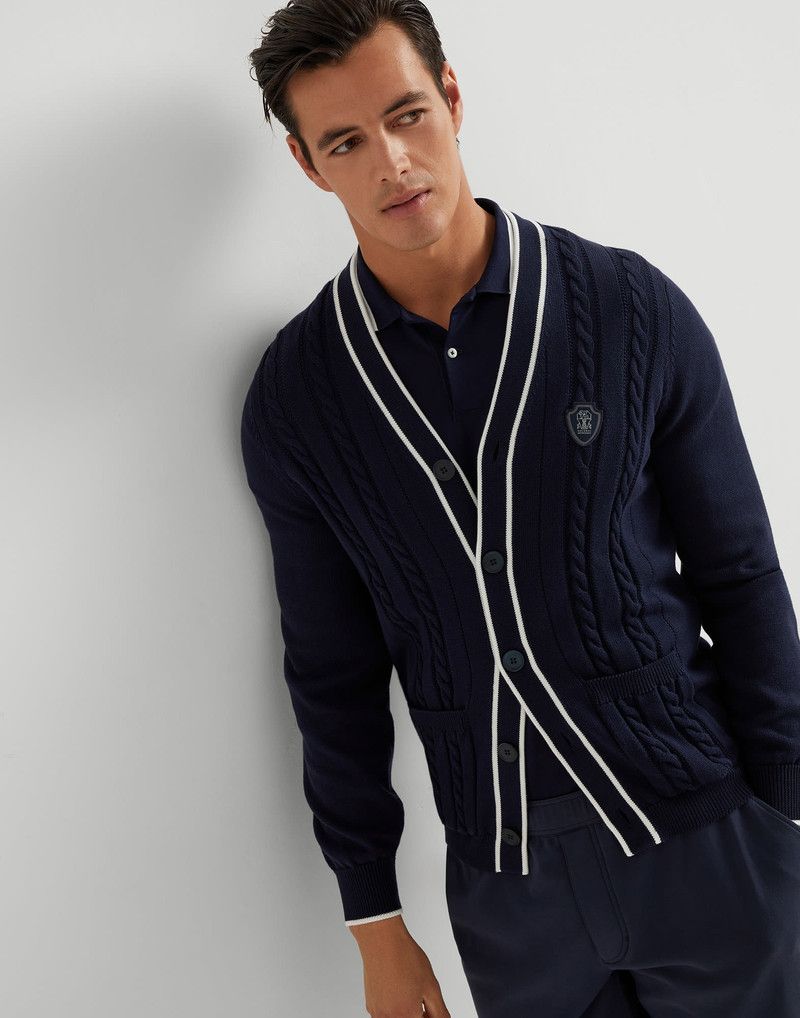 Brunello Cucinelli o1s1wg110526 Cotton Cable Knit Cardigan With Logo in Blue Size US XS / EU 42 / 0 - 4 Thumbnail